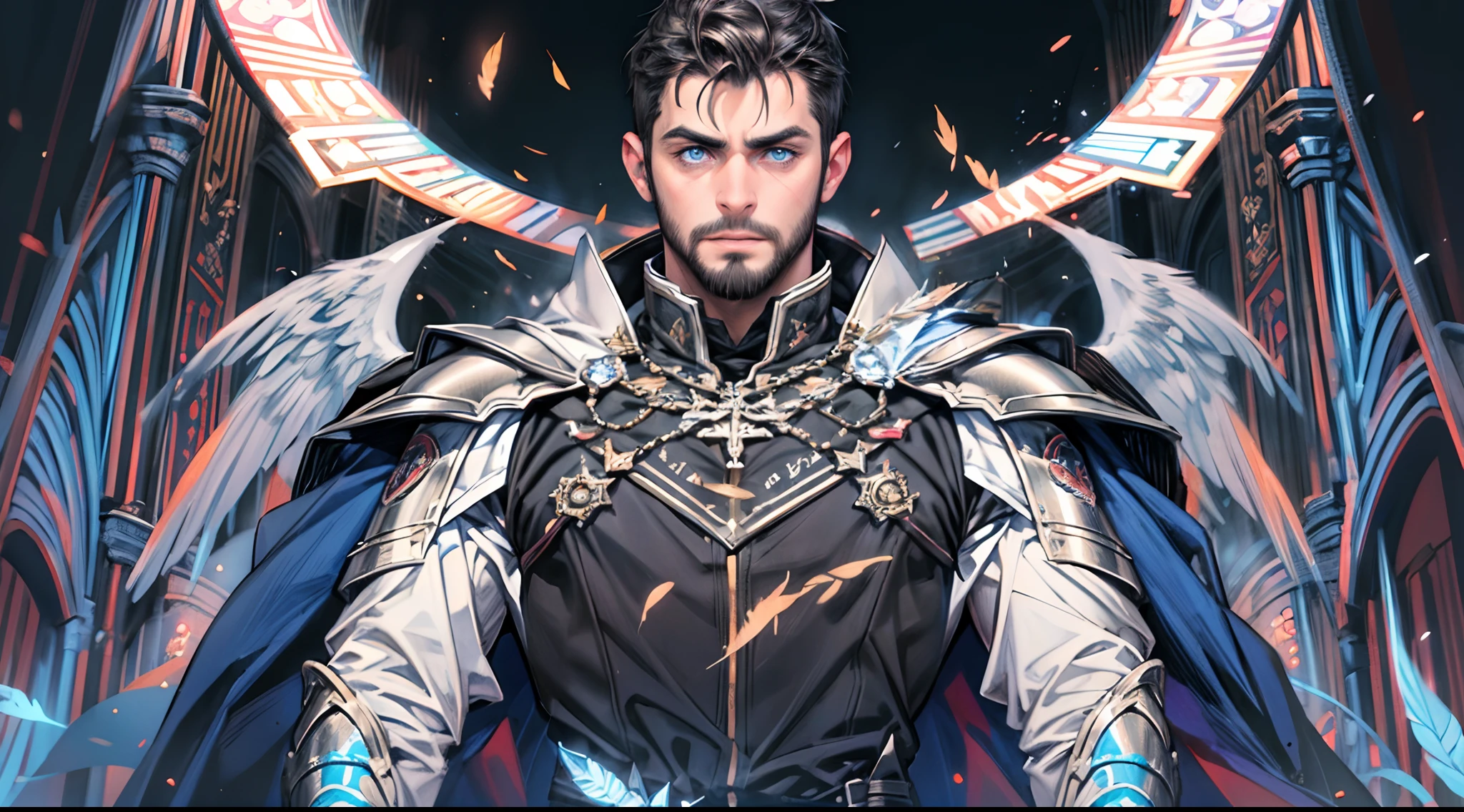 Highest quality, masterpiece, male, black super short hair, blue eyes, armor, cape, brightly colored, bright picture, paladin, muscular, short beard, mature, glowing particle special effects, church, national character face, tall, strong, rough face, falling feathers