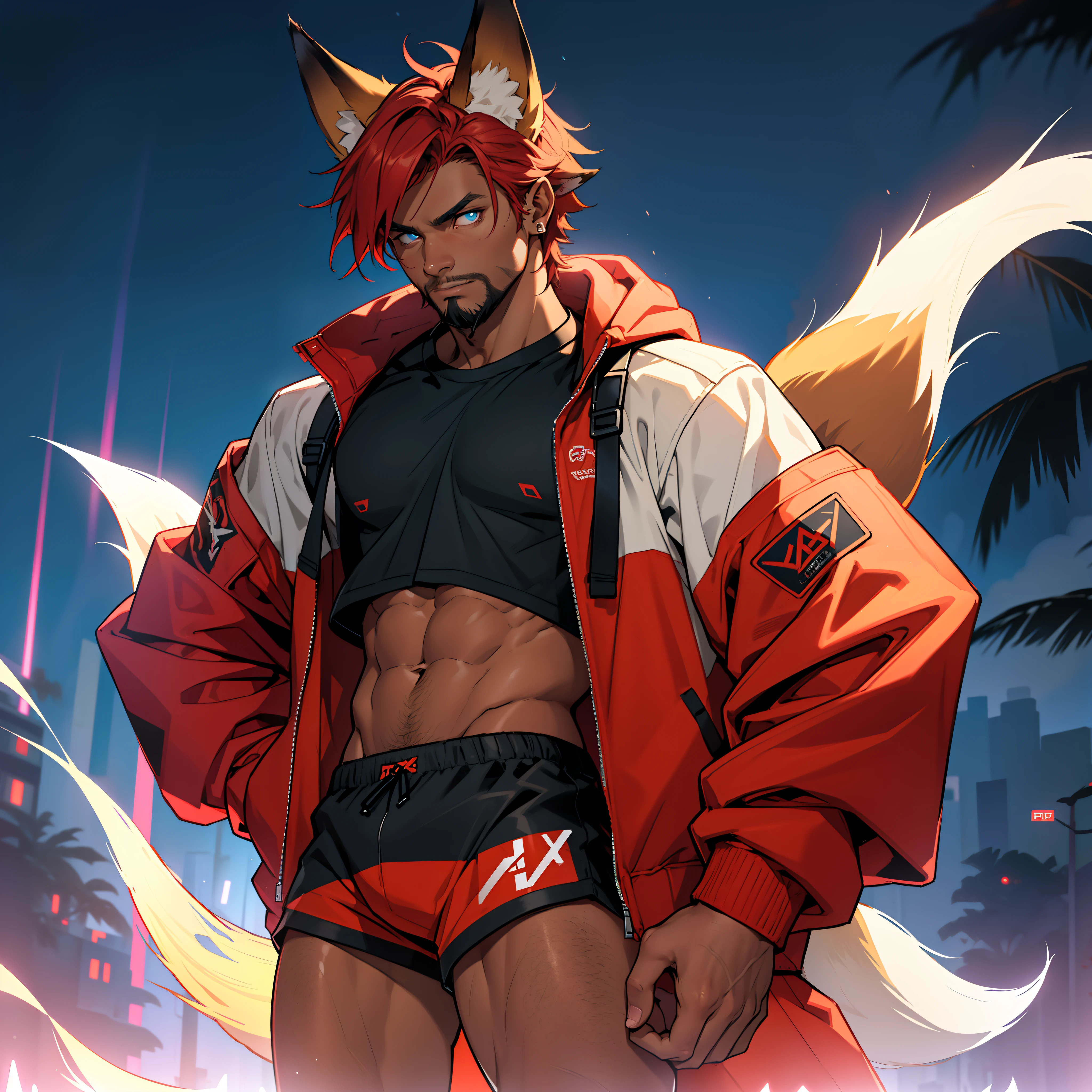 masculine young guy, short beard and ((dark tanned skin)), night rave scene, short cropped hair, ((has fox ears)), ((has fox tail)), wearing a streetwear shorts, wearing streetwear red jacket, ((he is solo)), ((he is alone)), has detailed glowing blue eyes, muscular thighs