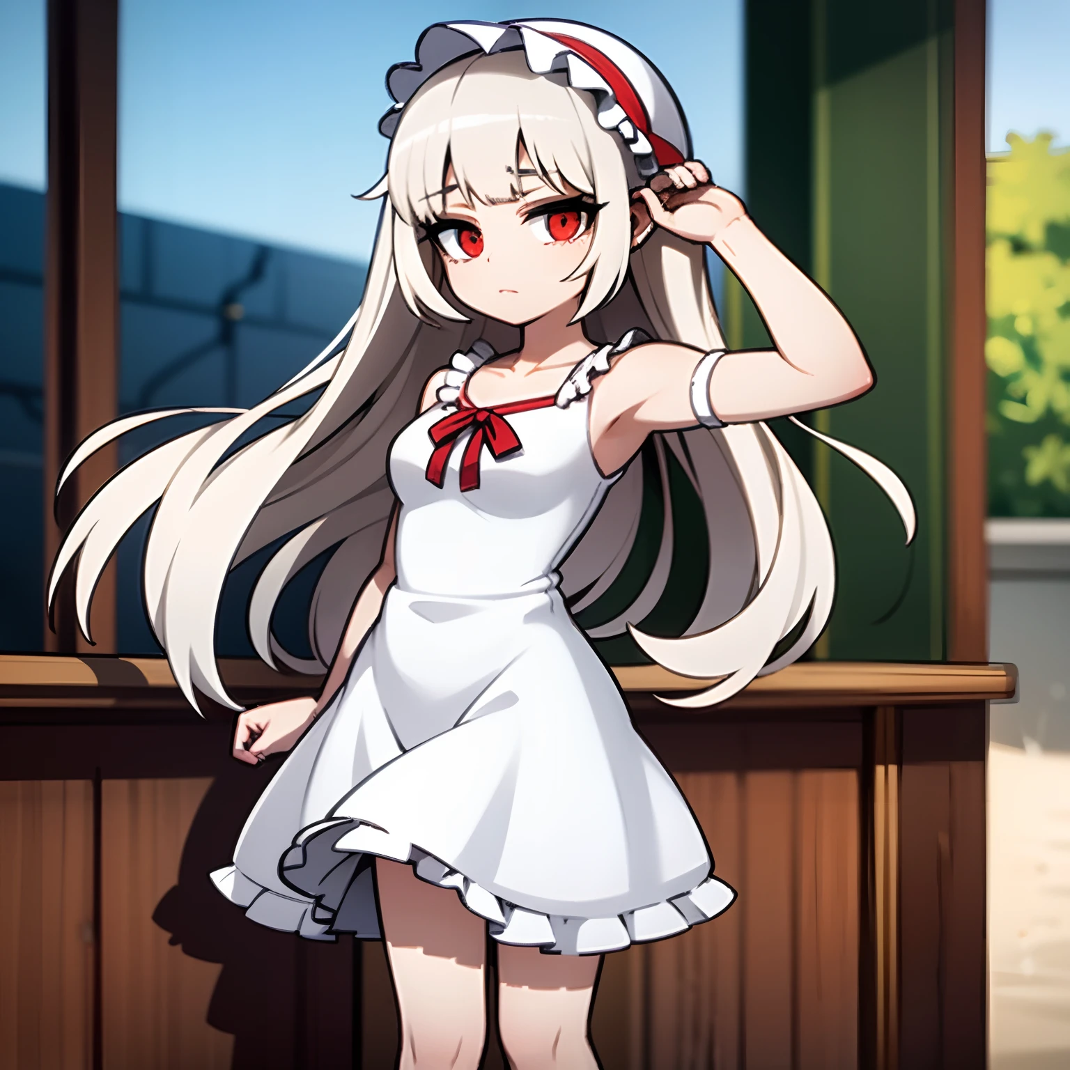 Lolita de pelo blanco con ojos rojos y un vestido blanco