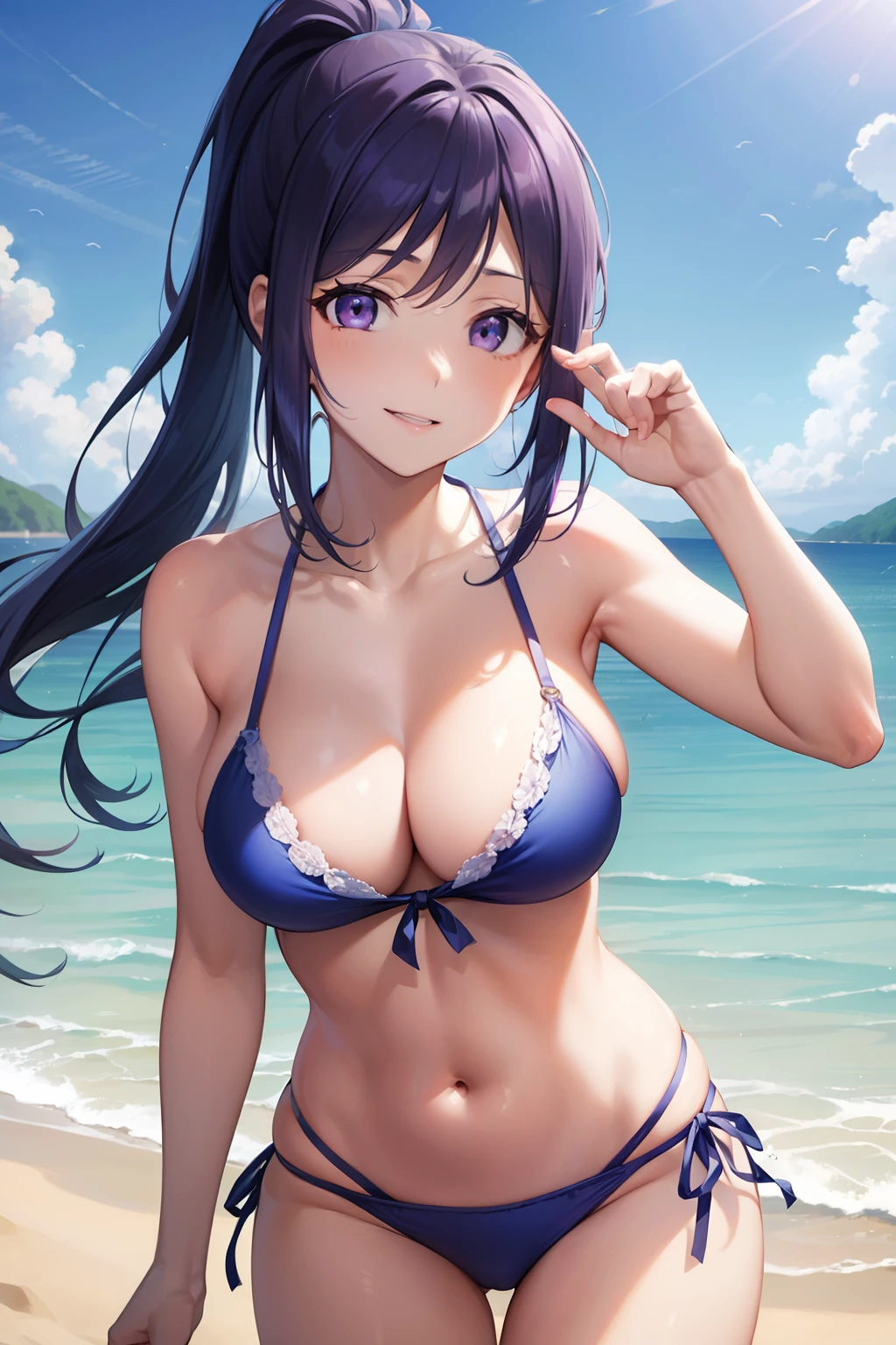 Minamimatsuura, Kanan Matsuura, Blue hair, Long hair, Ponytail, (Purple eyes:1.1), side locks, looking at the viewers, BREAK (masutepiece:1.2), Best Quality, High resolution, Unity 8k壁纸, (Illustration:0.8), (Beautiful detailed eyes:1.6), extra detailed face, Perfect Lighting, extremely details CG, (Perfect hands, Perfect Anatomy),(Blue Bikini:1.3)、(the beach:1.3), cowboy  shot、A smile、独奏