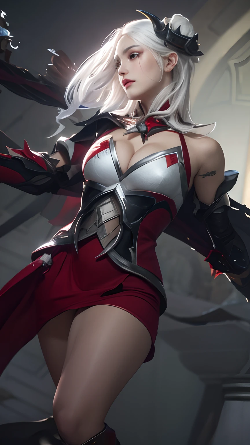 Ultra HD, detailed face, calm, 1 lady , assasin, white hair , red dress, huge breasts