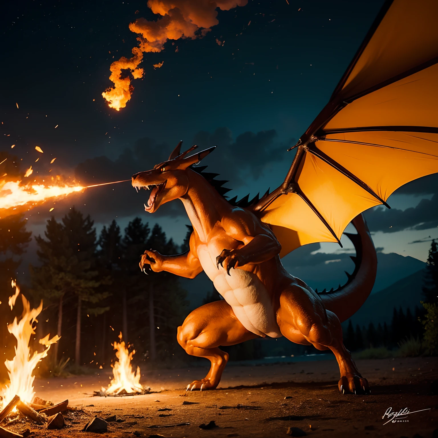 (realistic, hyperrealistic:1.4), photography, Charizard from Pokemon, Charizard, Pokemon, fire on the background,
