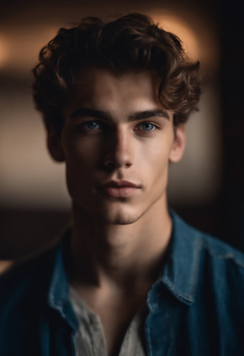Portrait of a handsome male model, 18 ans, Barechest, sans barbe, with short wavy hair, yeux bleus, thick lips
