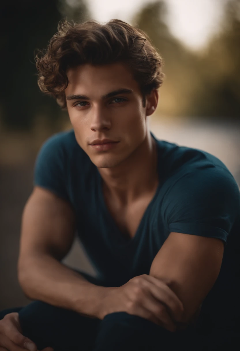 Portrait of a handsome male model, 18 ans, Barechest, sans barbe, with short wavy hair, yeux bleus, thick lips