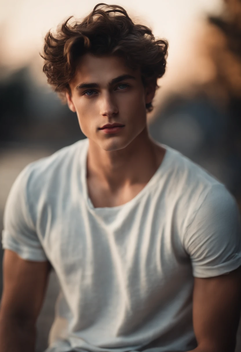 Portrait of a handsome male model, 18 ans, Barechest, sans barbe, with short wavy hair, yeux bleus, thick lips