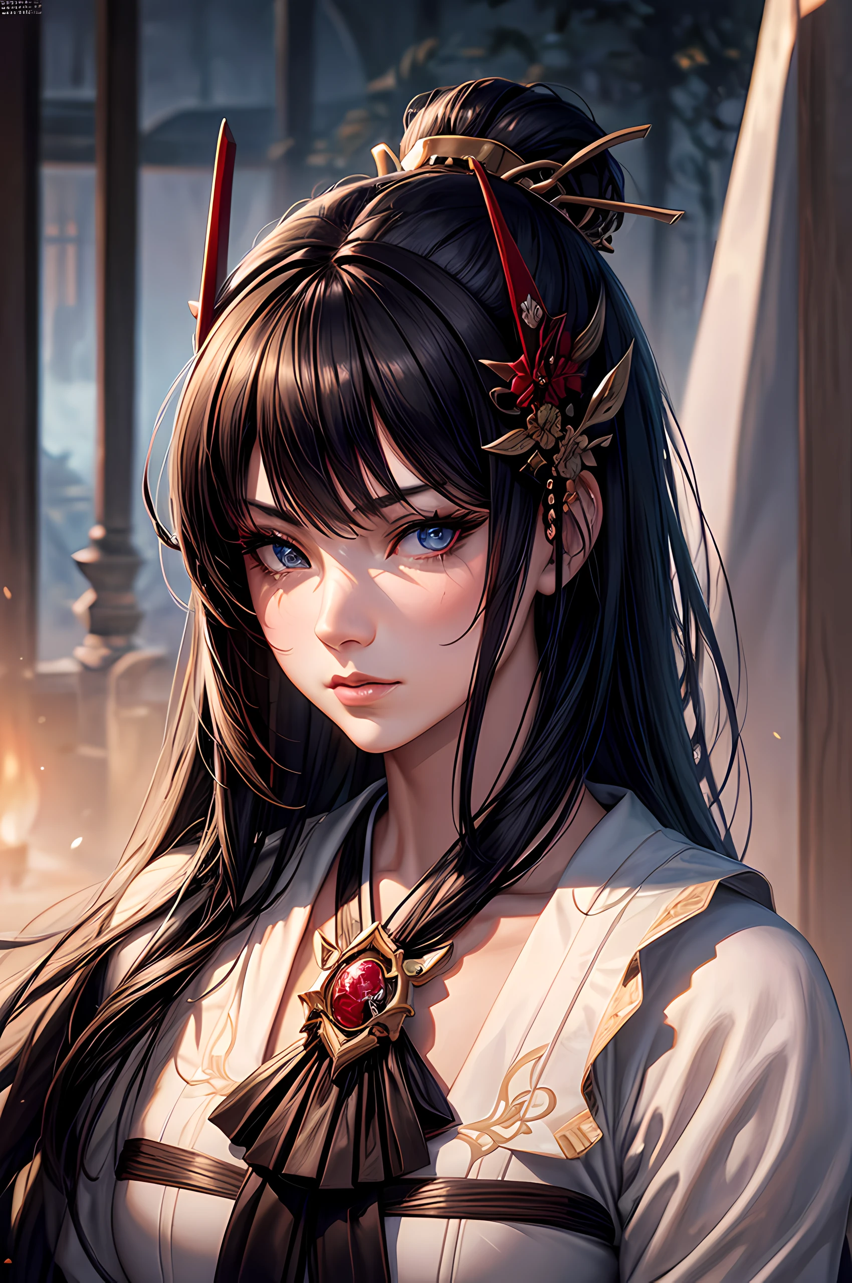 Top quality, Photorealistic, 8K, High Definition, absurd res, high res, ultra sharp, masterpiece, (masterpiece), best quality, expressive eyes, perfect face, Super eyes, masterpiece, highly detailed exquisite character art, epic fantasy digital art style, detailed digital 2d fantasy art, ultra-realistic, dark geisha warrior, assassin, female, geisha female, dagger, tea house,