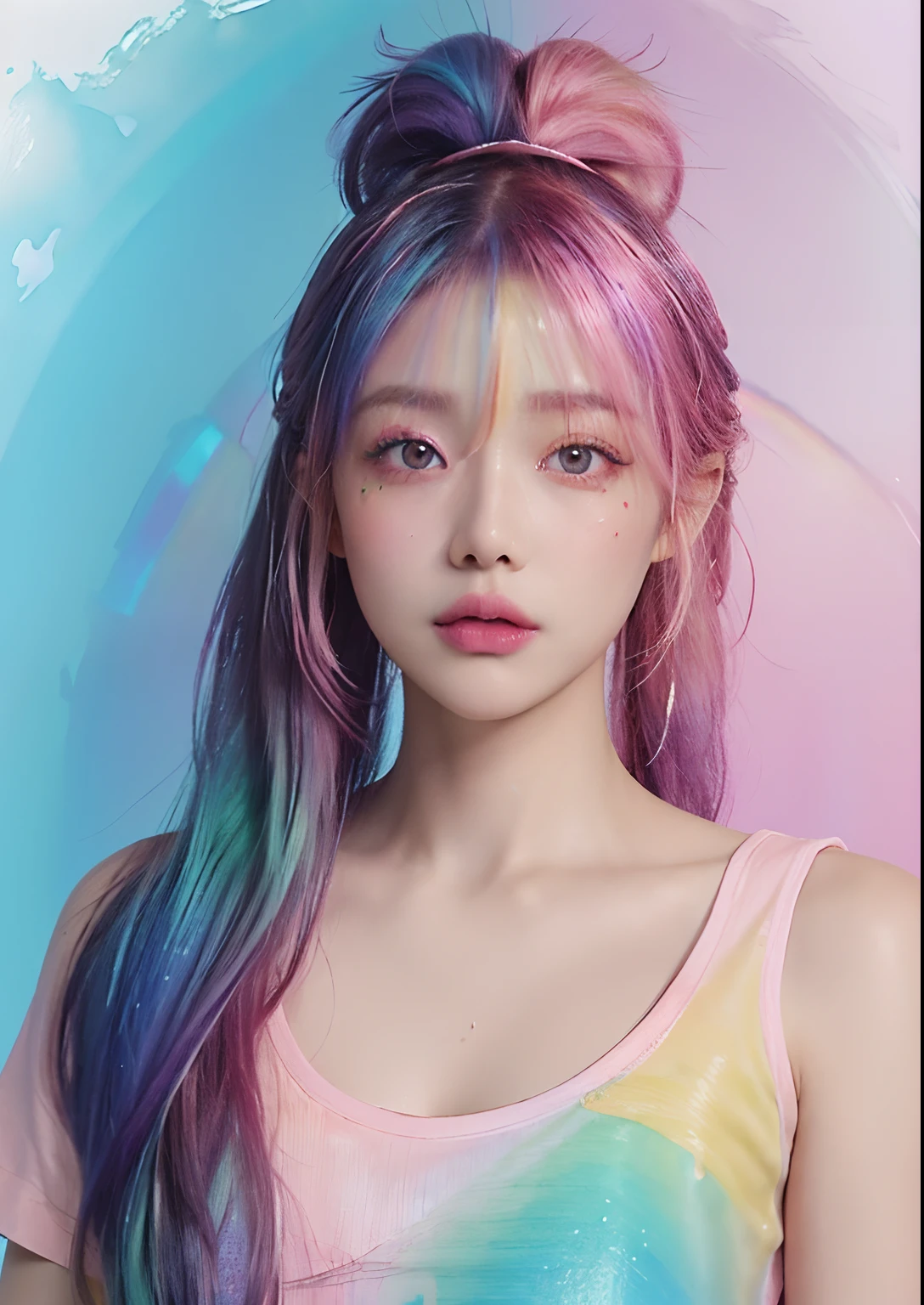 (Pink fashion T-shirt:1.9)、(colourful hair:1.8)、(all the colours of the rainbow:1.8)、((((Vertical Painting:1.6)))、(Painterly:1.6)、frontage、Painterly、big eye、Sheer eyes、(Iridescent gradient high ponytail:1.7)、Exquisite makeup、Mouth closed、(Small fresh:1.5)、(Wipe Chest:1.6)、long eyeslashes、White off-the-shoulder T-shirt、White shoulder shirt、looking at the spectator、Large watery eyes、(rainbow-colored hair:1.6)、 color splashes, (独奏:1.8), color splashes, Color explosion, Thick paint style, Messy lines, ((Shines)), (colourfull), (colourfull), colourfull, colourfull, Chic paint style, (Splash) (color splashes), Vertical Painting, The upper part of the body, Paint splashes, Acrylic Pigment, gradients, paint, Top image quality, Top image quality, ​masterpiece, 独奏, depth of fields, facepaint, colourful clothes, (elegent: 1.2), Gorgeous,length hair, the wind, (elegent: 1.3), (flower petals:1.4)、(((​masterpiece)))、(((top-quality)))、((ultra-detailliert))、(illustratio)、(dynamic ungle)、((Planktonic))、(paint)、((dishevled hair))、(独奏)、(1girl in)、((Detailed anima face)))、((beautifull detailed face))、collars、bare shoulders​、white  hair、((colourful hair))、(((striated hair))、beatiful detailed eyes、(Gradient color eyes)、(((Colorful eyes))))、(colorful backdrop))))、((((a high chroma))))、(((Surrounded by colorful splashes)))、