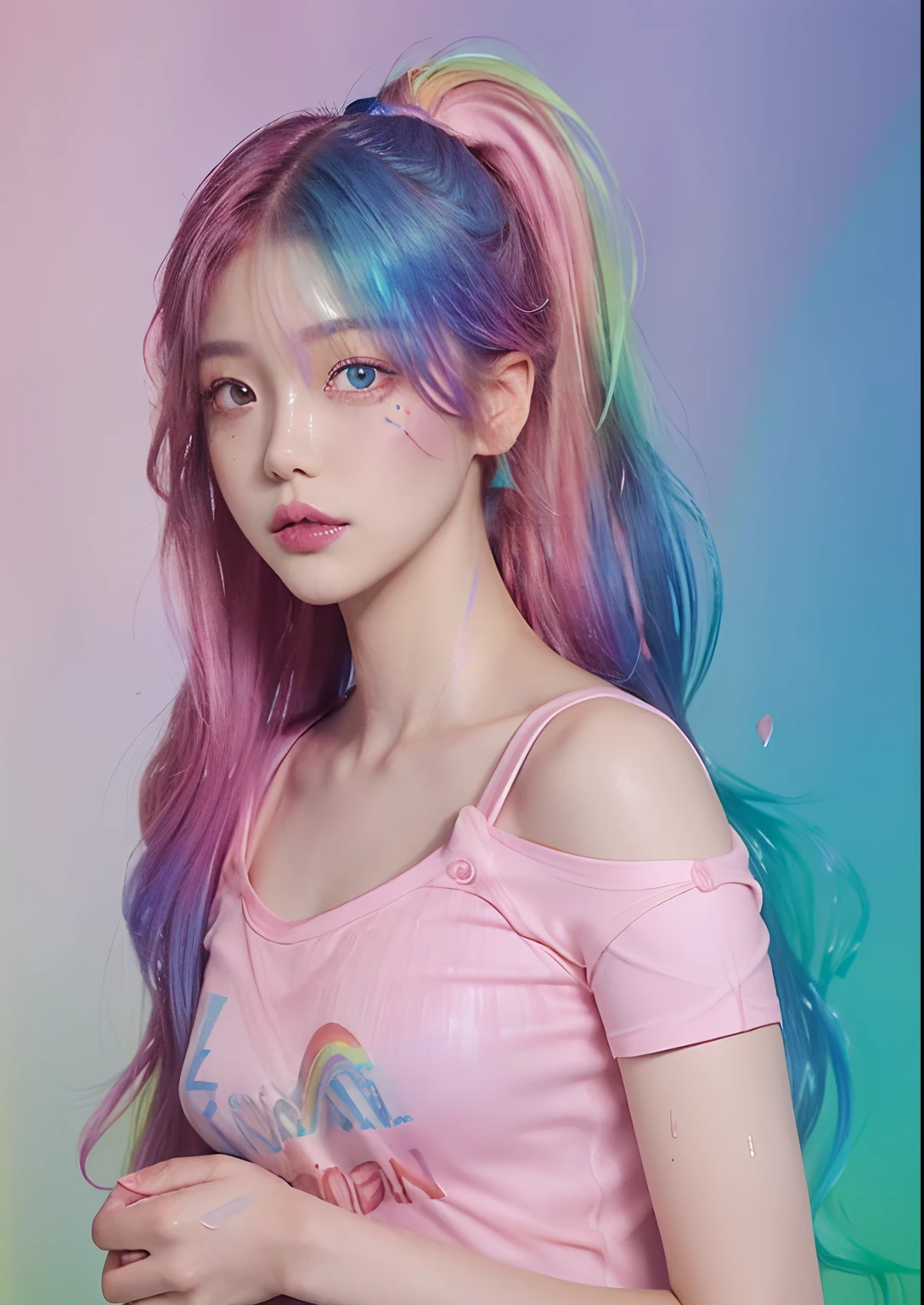(Pink fashion T-shirt:1.9)、(colourful hair:1.8)、(all the colours of the rainbow:1.8)、((((Vertical Painting:1.6)))、(Painterly:1.6)、frontage、Painterly、big eye、Sheer eyes、(Iridescent gradient high ponytail:1.7)、Exquisite makeup、Mouth closed、(Small fresh:1.5)、(Wipe Chest:1.6)、long eyeslashes、White off-the-shoulder T-shirt、White shoulder shirt、looking at the spectator、Large watery eyes、(rainbow-colored hair:1.6)、 color splashes, (独奏:1.8), color splashes, Color explosion, Thick paint style, Messy lines, ((Shines)), (colourfull), (colourfull), colourfull, colourfull, Chic paint style, (Splash) (color splashes), Vertical Painting, The upper part of the body, Paint splashes, Acrylic Pigment, gradients, paint, Top image quality, Top image quality, masterpiece, 独奏, depth of fields, facepaint, colourful clothes, (elegent: 1.2), Gorgeous,length hair, the wind, (elegent: 1.3), (flower petals:1.4)、(((masterpiece)))、(((top-quality)))、((ultra-detailliert))、(illustratio)、(dynamic ungle)、((Planktonic))、(paint)、((dishevled hair))、(独奏)、(1girl in)、((Detailed anima face)))、((beautifull detailed face))、collars、bare shoulders、white hair、((colourful hair))、(((striated hair))、beatiful detailed eyes、(Gradient color eyes)、(((Colorful eyes))))、(colorful backdrop))))、((((a high chroma))))、(((Surrounded by colorful splashes)))、