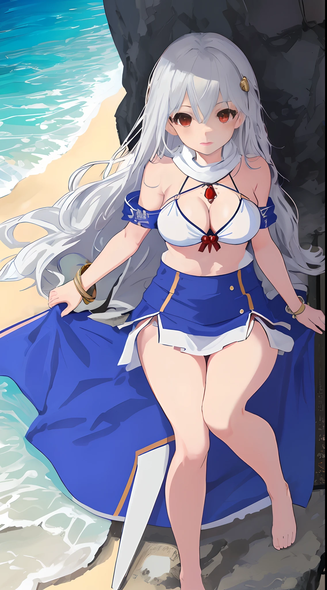 masterpiece, best quality, full body, 1 solo girl, silver hair, red eyes, long hair floating, medium breasts, mature body and face, white bikini, blue scarf, blue mini skirt, bracelet, pendant, lay at the white sand, ball, beach, cowboy shots, sexy pose, dakimakura, sharp focus, vibrant