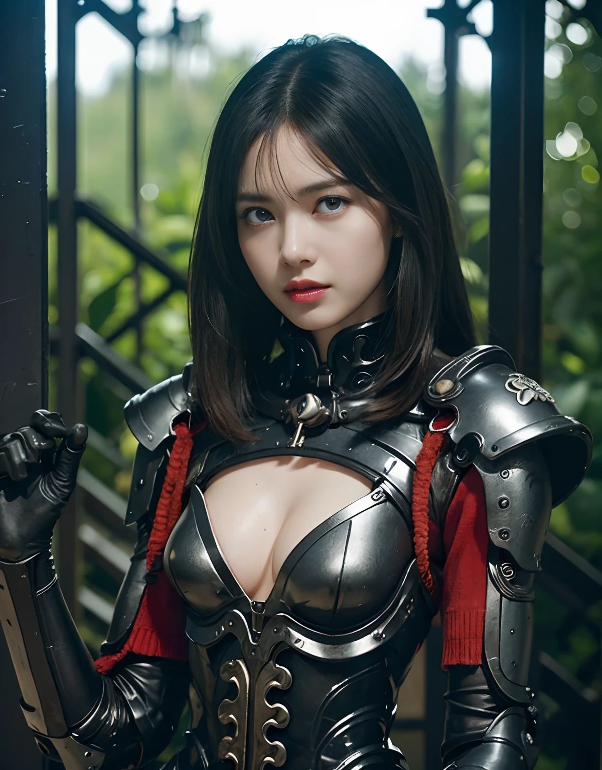 (1 Mechanical Girl)、top-quality、masterpiece、超A high resolution、(Photorealsitic:1.4)、Raw photo、1人、Fight mutants、glowy skin、(((1 Mechanical Girl)))、With a beautiful knife、(Green Metal Bodysuit)、(Kobold、ogre、Fierce battle with orcs),(Fight fiercely against aliens)、Fight fiercely、(beautiful forest background)、(Fighting Demonic Beasts)、(Small LED)、((super realistic details))、portlate、(Strong giant demon beast background),globalillumination、Shadow、octan render、8K、ultrasharp、Colossal tits、Raw skin is exposed in cleavage、metals、Details of complex ornaments、Japan details、highly intricate detail、Realistic light、(Mystical expression),CGSoation Trends、Blue eyes、radiant eyes、Facing the camera、neon details、(Mechanical limbs)、(blood vessels connected to tubes)、Mechanical vertebrae attached to the back、mechanical cervical attaching to neck、(Wires and cables connecting to the head)、Gundam、Small LED、,Mechanical thighs、Toostock、(Hands are also made of machines)、(Attack of the Monster Beasts)、(Wounded in a deadly battle)、