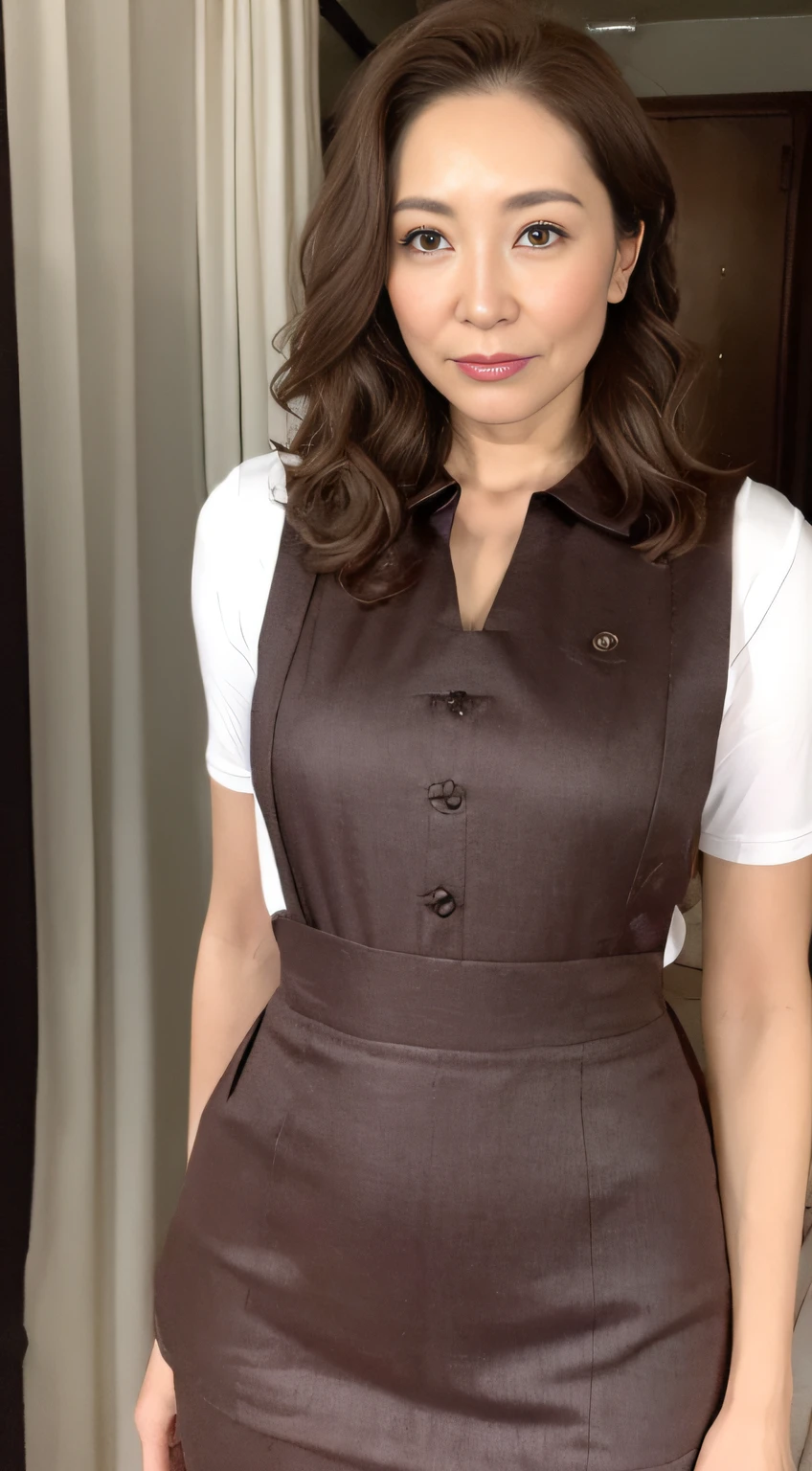 ((midynight, Need, 8K, tmasterpiece:1.3)), full bodyesbian, Long legs, Focalors:1.2, perfect figure beautiful woman:1.4, ((Dark brown hair)), (suspender skirt, standing on your feet:1.2), ((sobu)), Highly detailed facial and skin texture, A detailed eye, 二重まぶた,Beauty,Wavy hair, Wrinkles at the corners of the eyes, to emphasize, ,(Big breasted 1.2),aged 40, Wrinkled eyes,