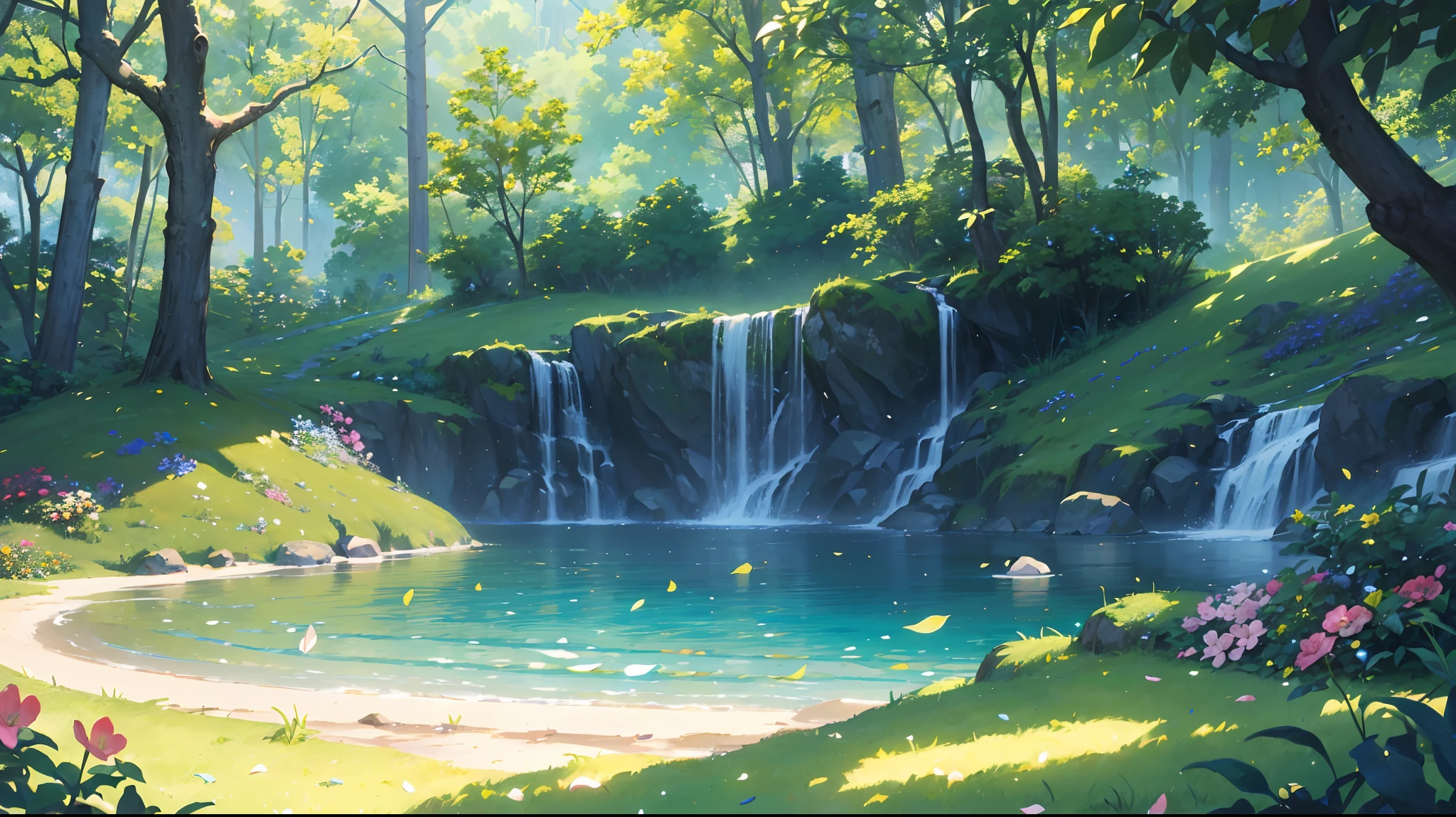 (Masterpiece), best quality, (very detailed CG unity 8k wallpaper) (best quality), (best illustration), (best shadows) Nature', blue sea, delicate leaves petals of various colors falling in the air light Tracking, super detailed