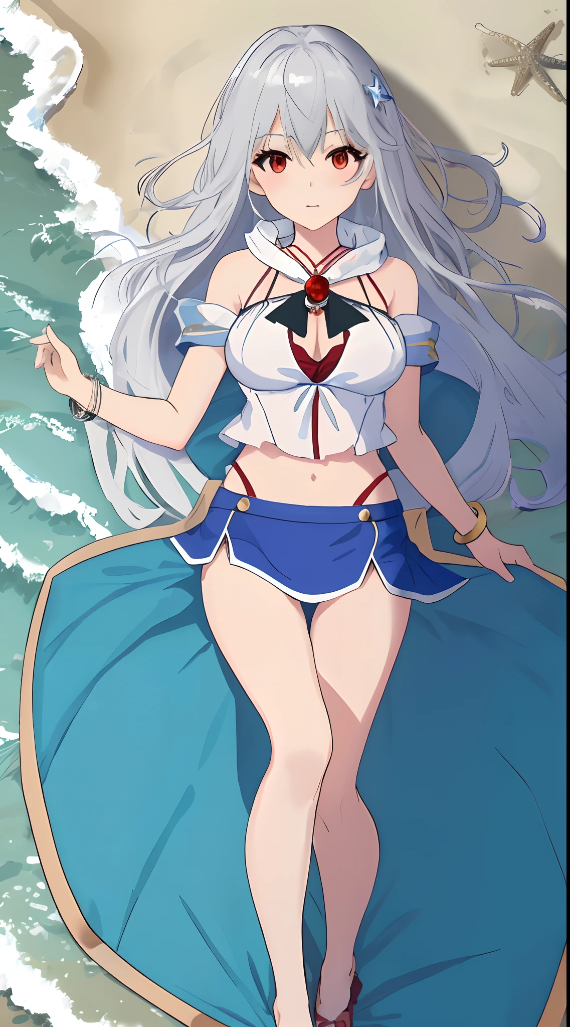 masterpiece, best quality, full body, 1 solo girl, silver hair, red eyes, long hair floating, medium breasts, mature body and face, white bikini, blue scarf, blue mini skirt, bracelet, pendant, lay at the white sand, ball, beach, cowboy shots, sexy pose, dakimakura, sharp focus, vibrant