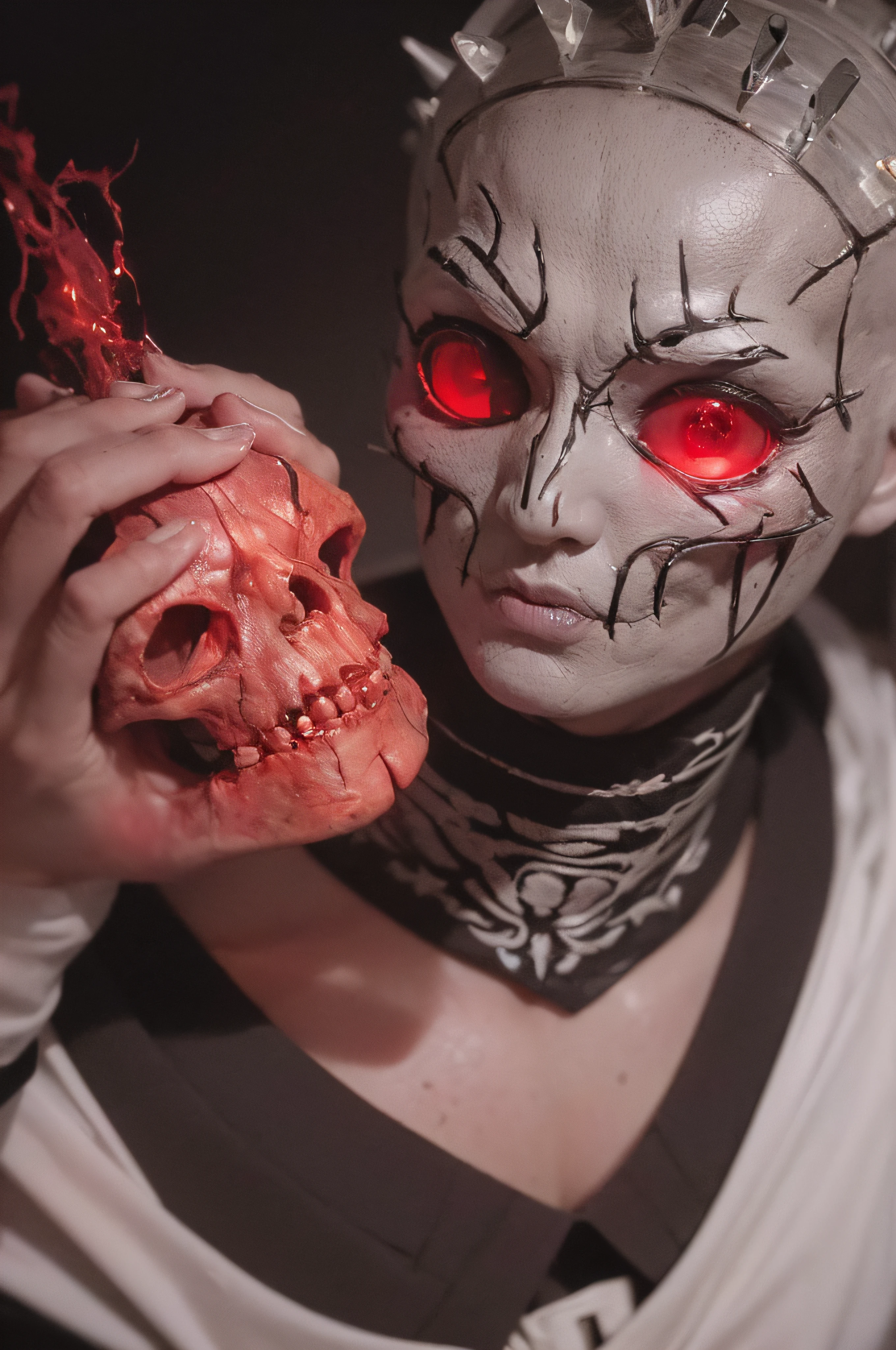 "(The best lighting, oscuro, dramatic),(feto calavera alien, Hellraiser, Cicatrices, , sexy, cerebro, sangre, una rata dentro de la cabeza, terror.),(ojos rojos, calaveras). morning light.