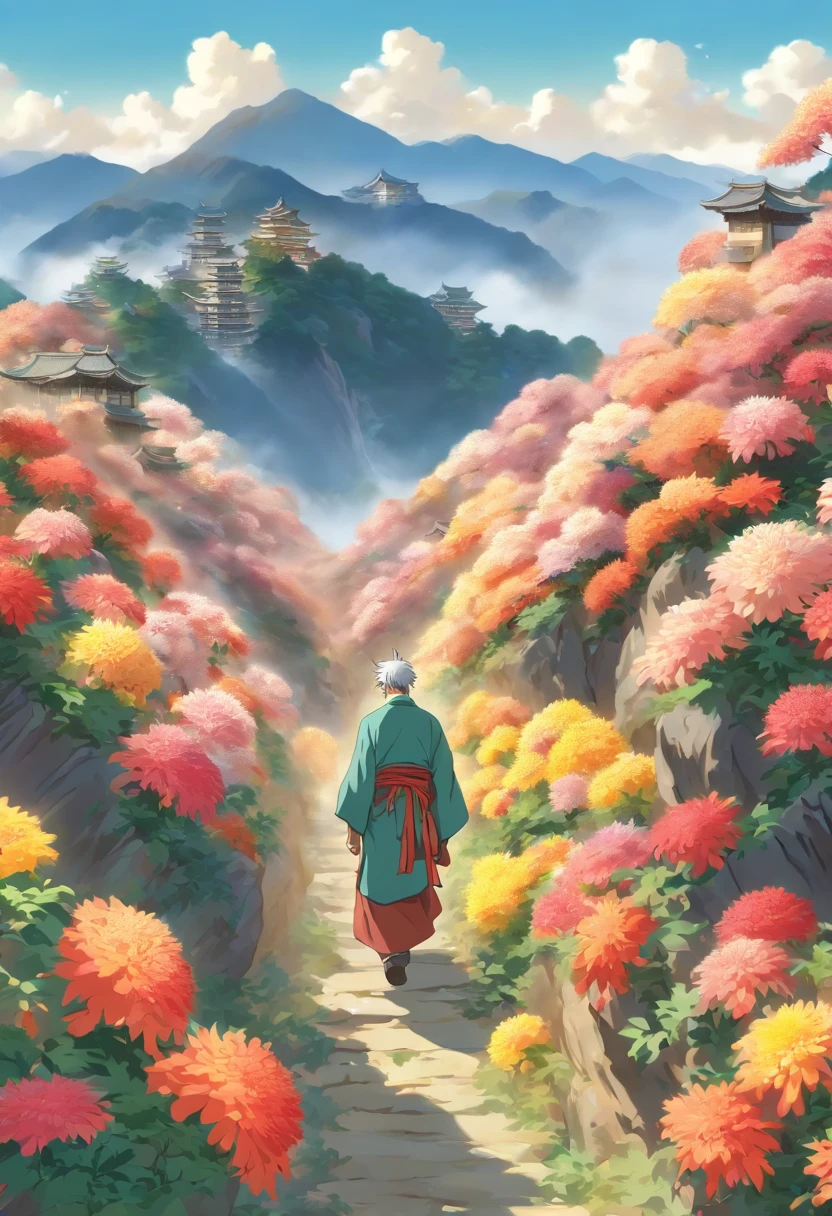 Chung yeung festival，The old man walks，climbing mountain，There are chrysanthemums in the mountains， Cartoon illustration, Masterpiece, Best quality, Super quality, absurd details, Best light and shadow, Best shadow,