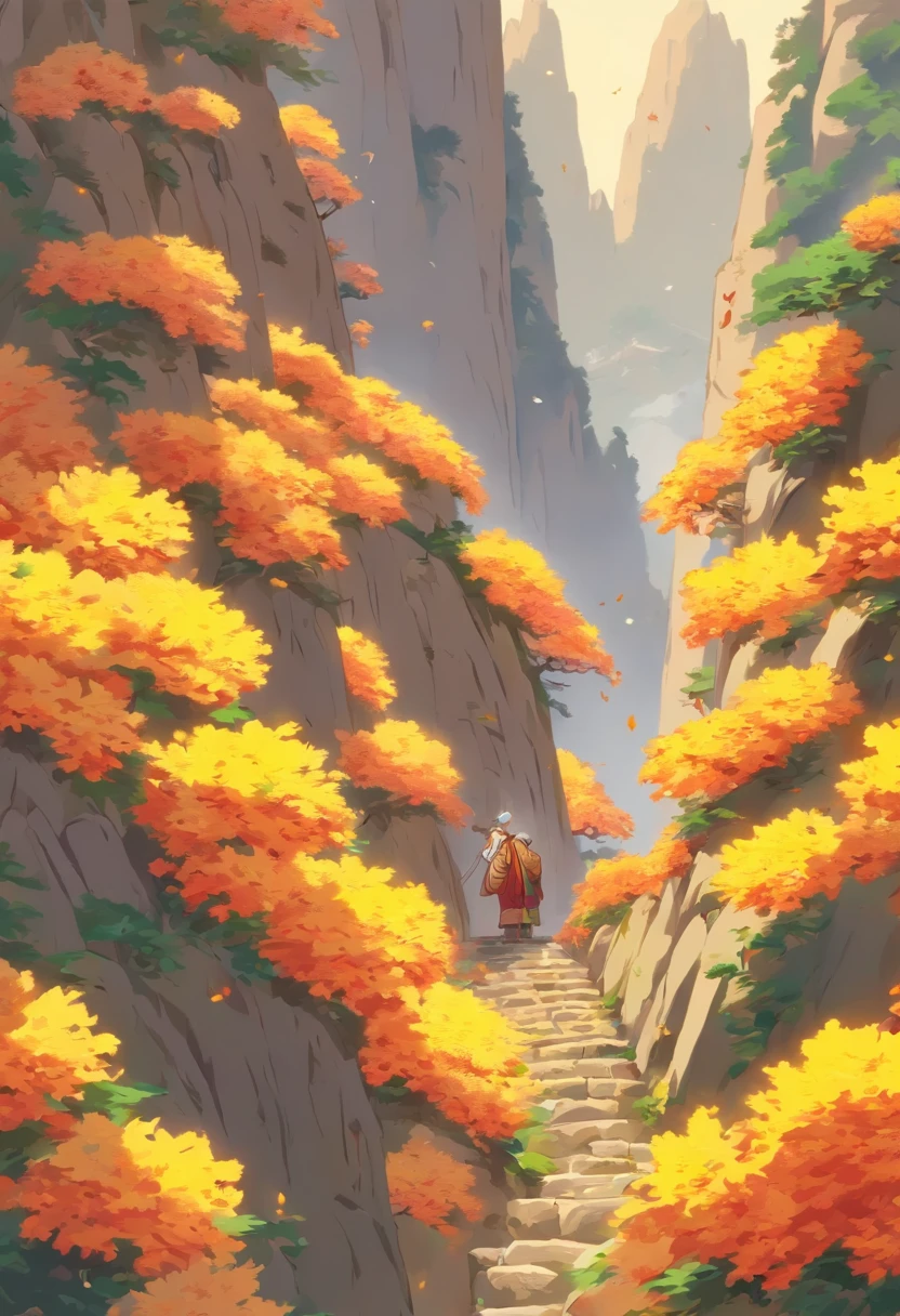 Chung yeung festival,The old man walks,climbing mountain,There are chrysanthemums in the mountains, Cartoon illustration, Masterpiece, Best quality, Super quality, absurd details, Best light and shadow, Best shadow,