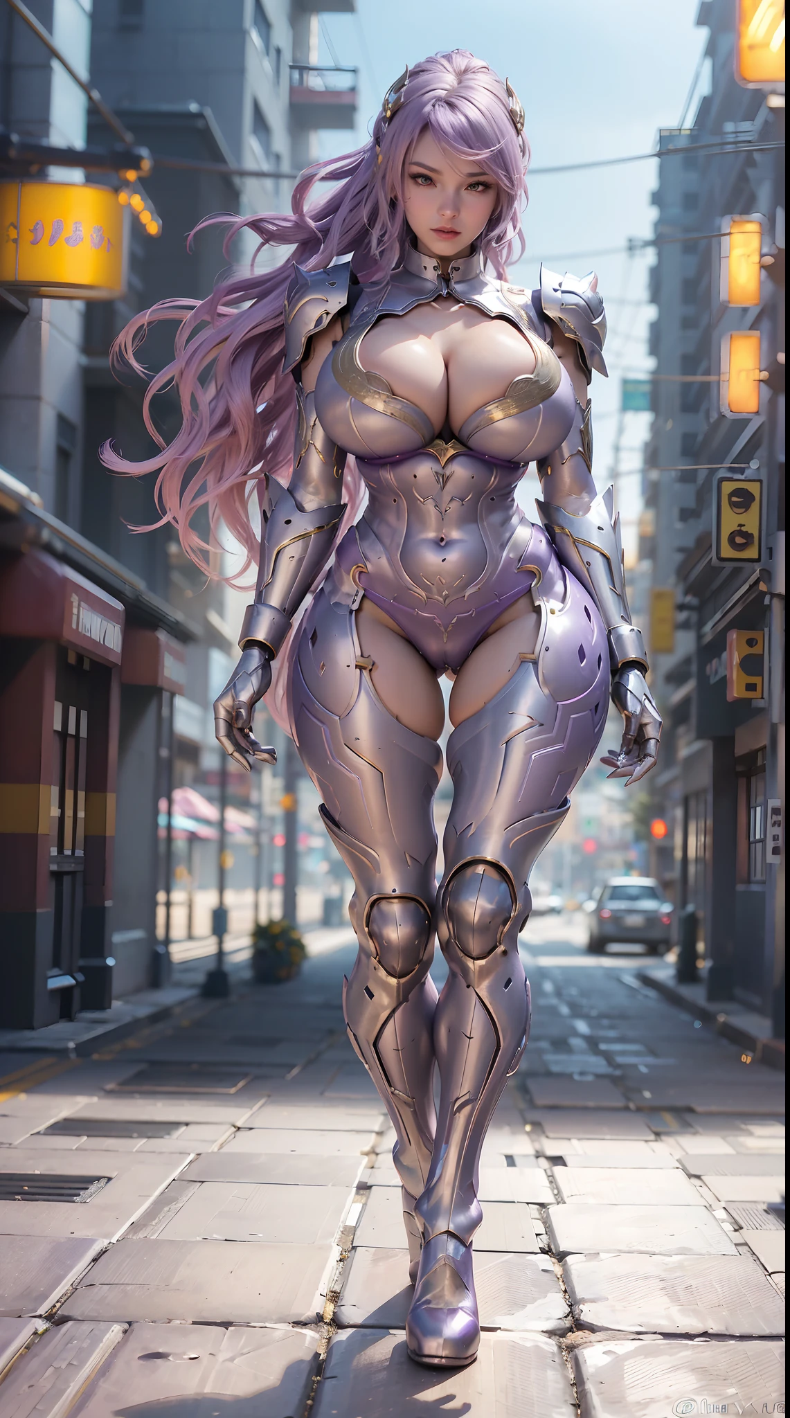 (dragon Queen Helm), (huge Fake Boobs:1.2), (purple, Gold, White), (street neon city), Rainbow Color Futuristic Phoenix Mecha Bodysuit, (cleavage), (skintight Yoga Pants), (high Heels), (perfect Body:1.2), (full Body View), (looking At Viewer), (walking Down:1.2), Sexy Muscular Body, (muscle Abs), Uhd, 8k, 1080p.