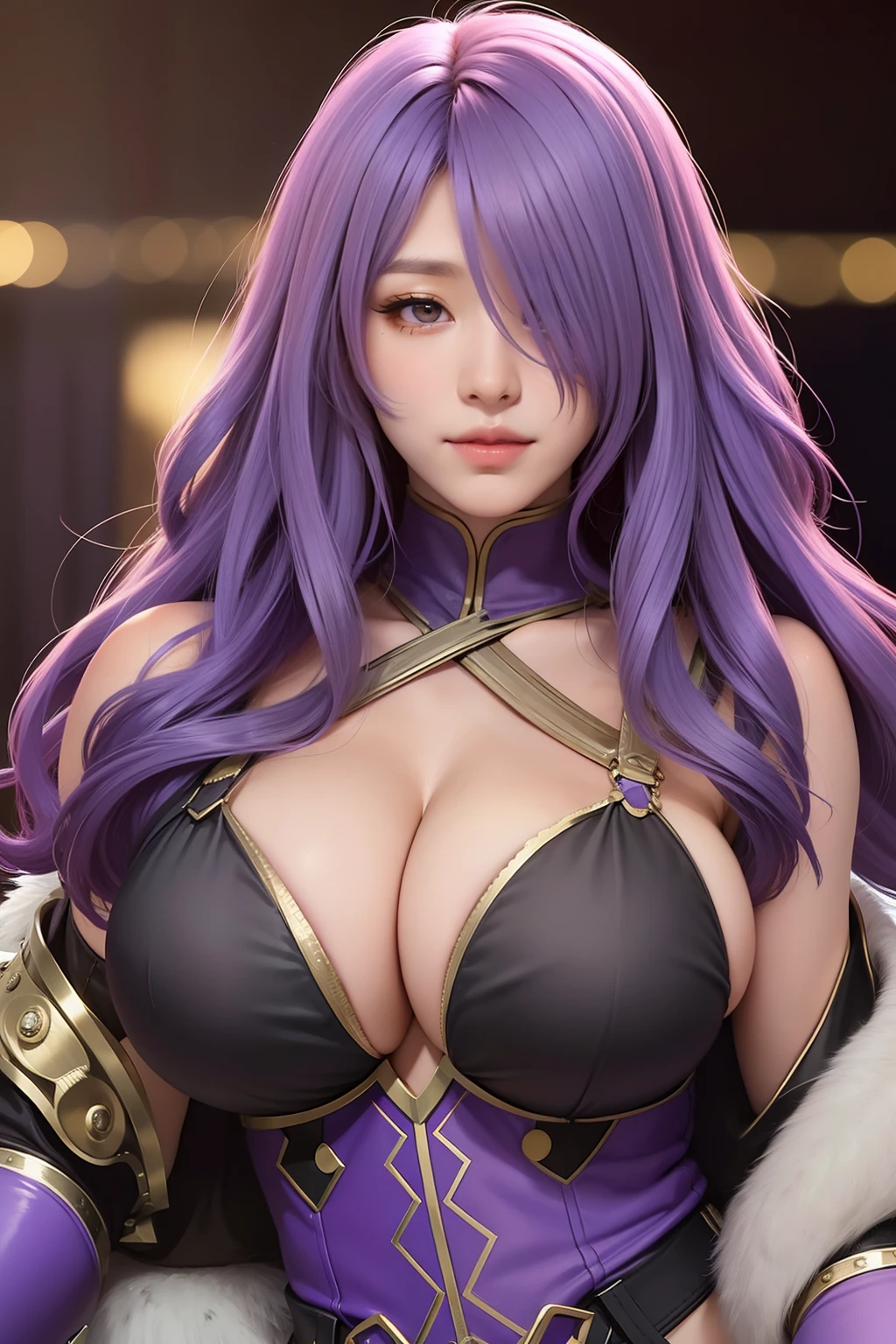 zoom on face, portrait, close up portrait, looking at the viewer, beautiful, elegantly pose, film grain, Purple eyes, purple hair, hair over one eye, hair hiding one eye, wearing a steampunk mummy costume, seductive smile, huge breasts,huge oppai, huge tits, abs, girly hips, thick thighs, gigachad thighs, looking at the viewer