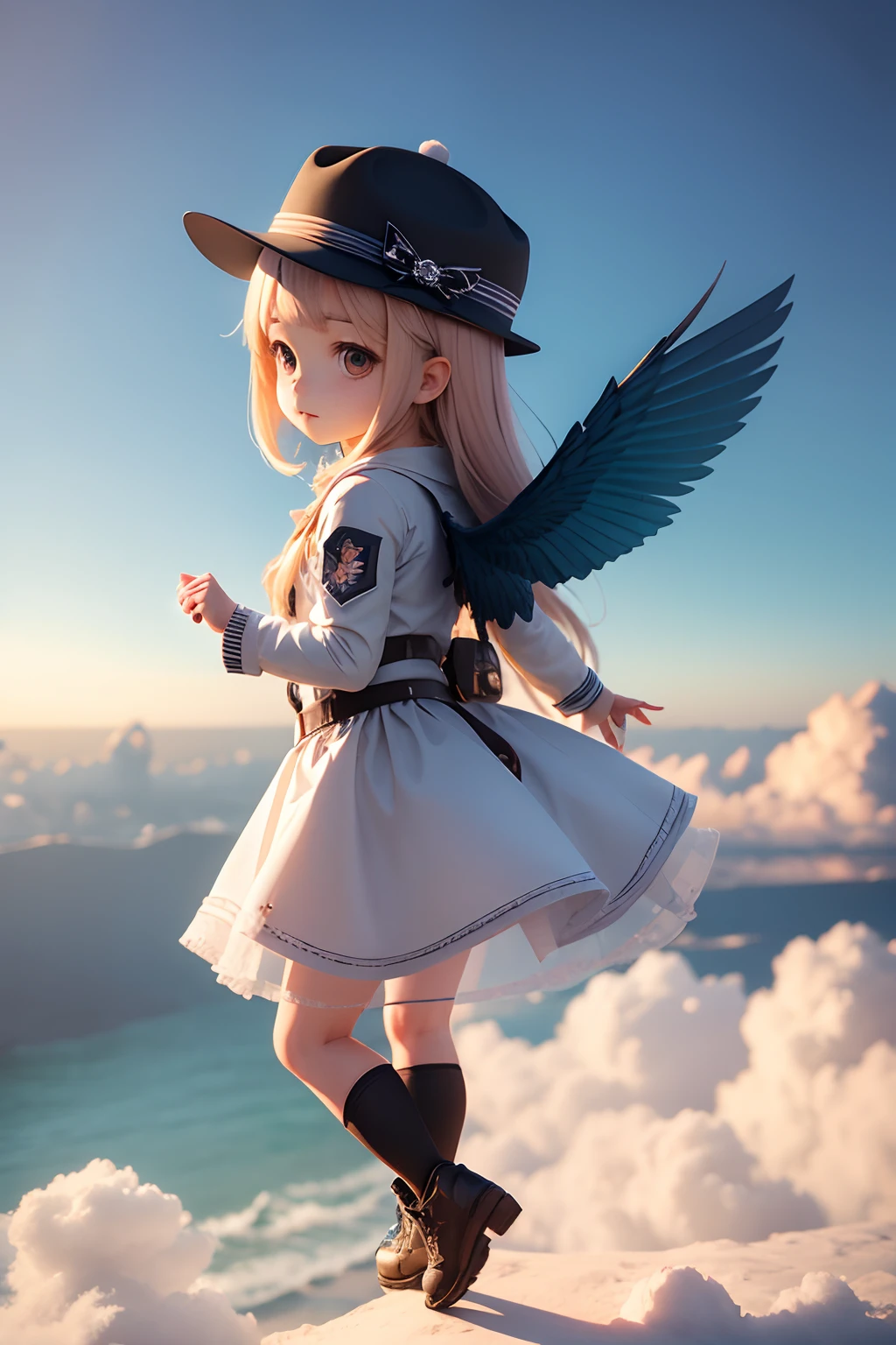 1 very cute girl，There are wings on the back，With a hat on，The sky flies，chibi girl，3d anime girl，3d effect，（Full body like），super detailing