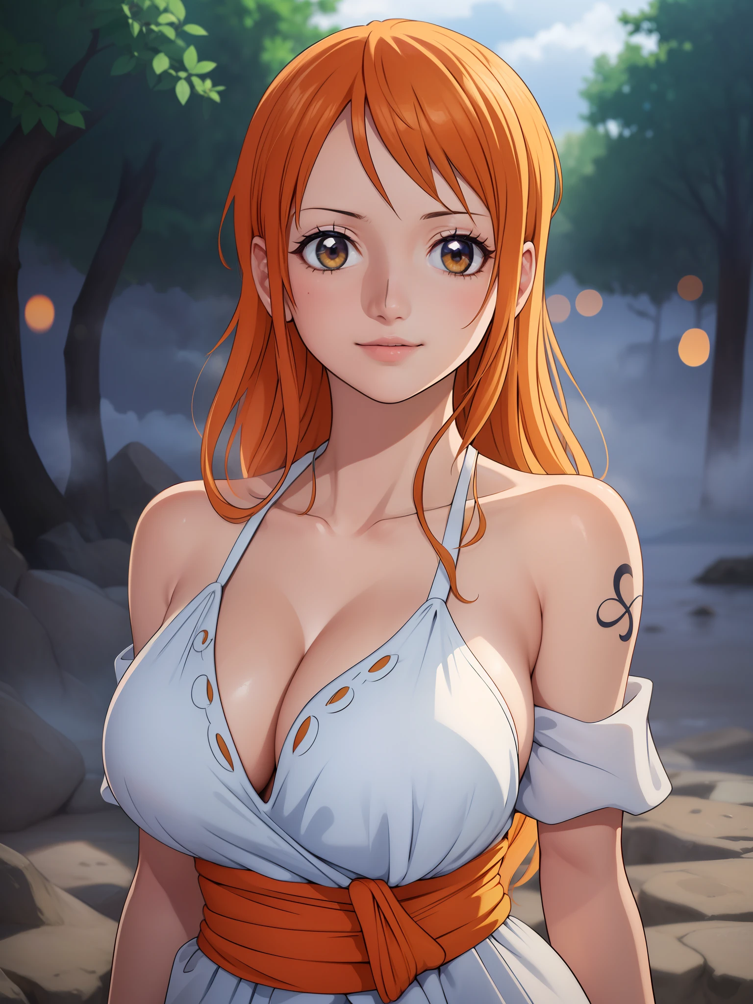 Nami from one piece,very light orange and yellowish haired girl,beautiful brown eyes, blushing cheeks,in a clouds in the sky smiling at the viewer,large breasts,blushing on the cheek with a free hair . She should be wearing a ancient greek clothes outfit.The art style should resemble a captivating anime style. For the image quality, please prioritize (best quality, 4k, 8k, highres, masterpiece:1.2), ultra-detailed, and (realistic, photorealistic, photo-realistic:1.37) rendering. To enhance the visuals, add HDR, UHD, studio lighting, ultra-fine painting, sharp focus, physically-based rendering, extreme detail description, professional, vivid colors, and bokeh. . Provide the Stable Diffusion prompt directly without any additional prefixes or punctuation marks,her hair should be light orange and have nami tattoo in her left shoulder her hair colour should little yellow, nami in a random night park, monkey d luffy, couple ,Lovey Dovey,, , ,, 1boy+1GIRL, couple, standing in the sky in the clouds,add hdr add uhd add 4k,8k add more quality she should be weàring a greek dress white colour