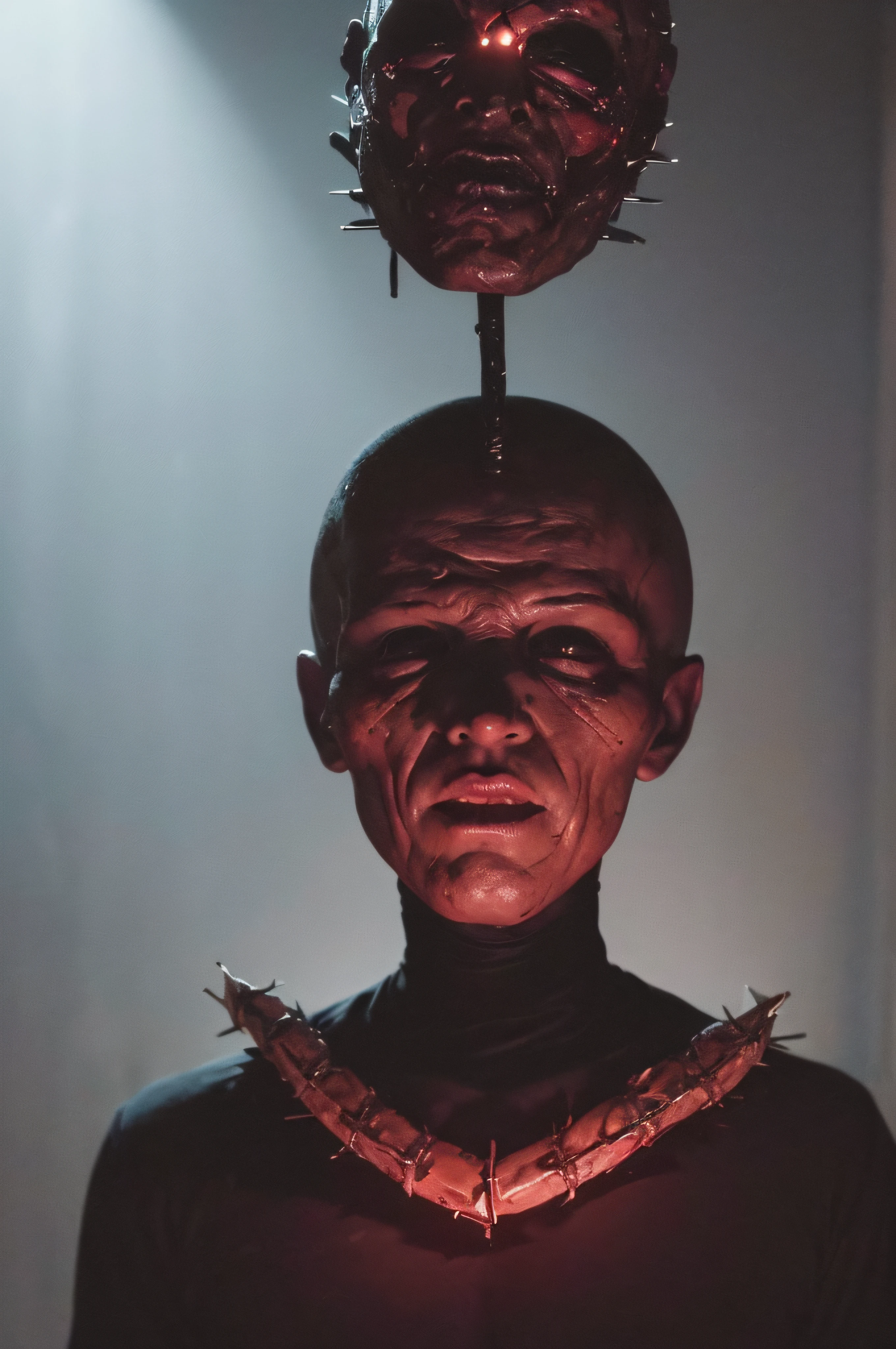 "(The best lighting, oscuro, dramatic),(feto calavera alien, Hellraiser, Cicatrices, , sexy, cerebro, sangre, una rata dentro de la cabeza, terror.),(ojos rojos, calaveras). morning light.
