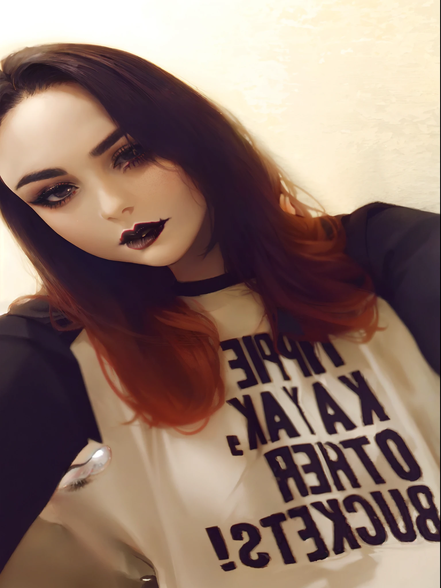 there is a woman with a black lip and a white shirt, 1 7 - year - old goth girl, wearing goth makeup, goth girl, goth vibe, profile image, dark lipstick, mall goth, goth girl aesthetic, gothic horror vibes, faint smile dark lipstick, 1 7 - year - old anime goth girl, black lipstick, dark lips, in a halloween style