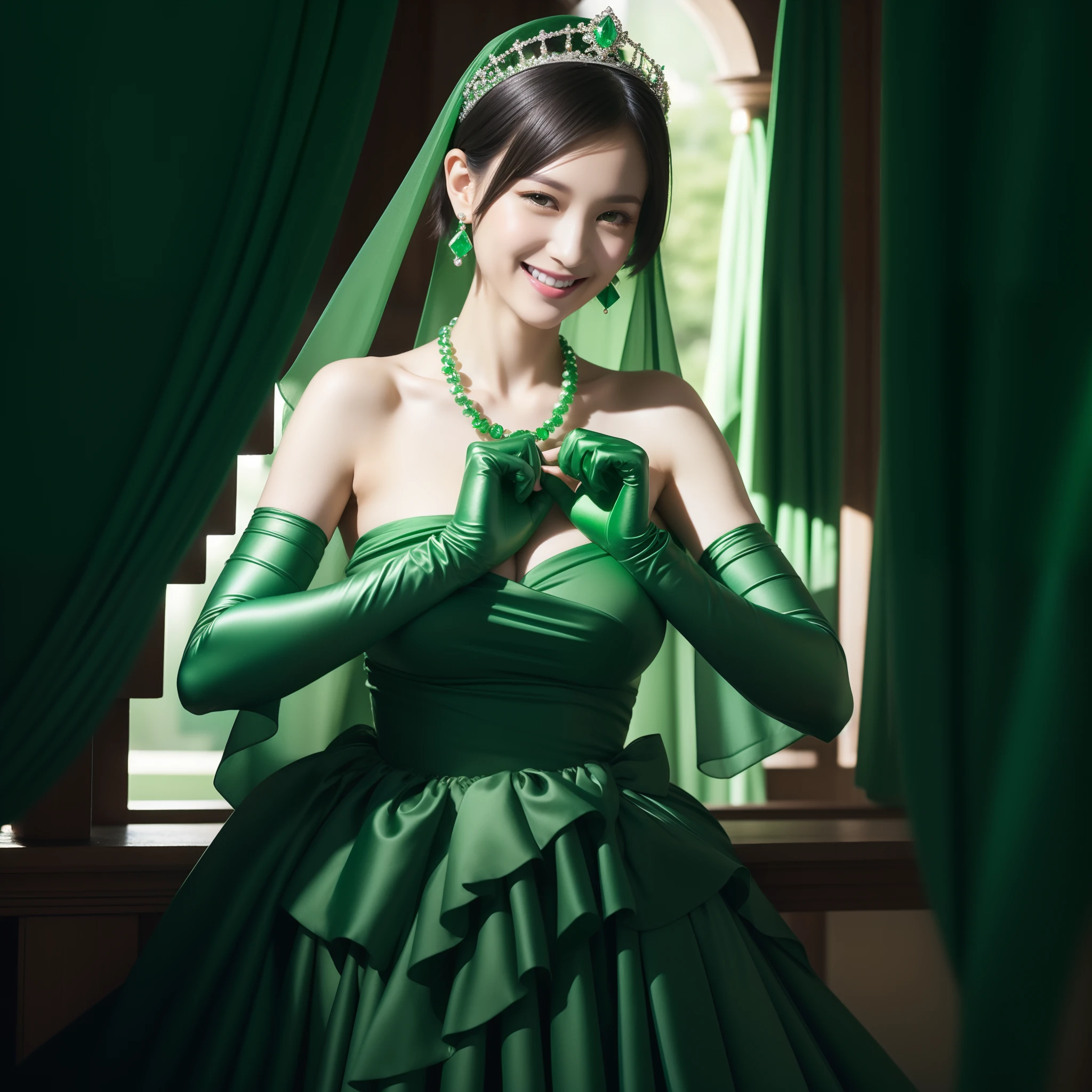 emerald tiara, Green Pearl Necklace, Boyish very short black hair, lipsticks, Japan woman smiling, very short short hair, big breasts beautiful, Green eyes, Long green gloves made of satin material, Green eyes, Emerald Earrings, Day Church, Pregnancy