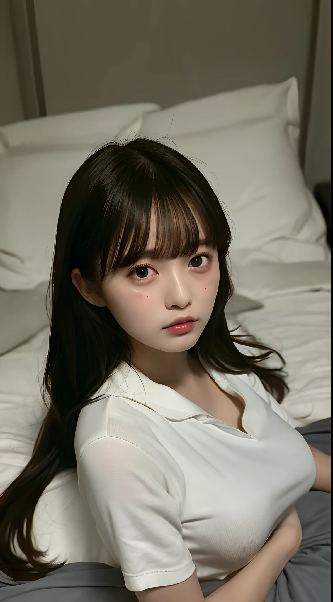 Best quality, masterpiece, ultra high res, (ecstasy:1.0), 1girl, (sobbing:1.0), in bed, DARK hair, dramatic lighting, bitch, nomal breasts, in bed, (high-school uniform:1.2), (lying:1.5) ,(face up:1.2),