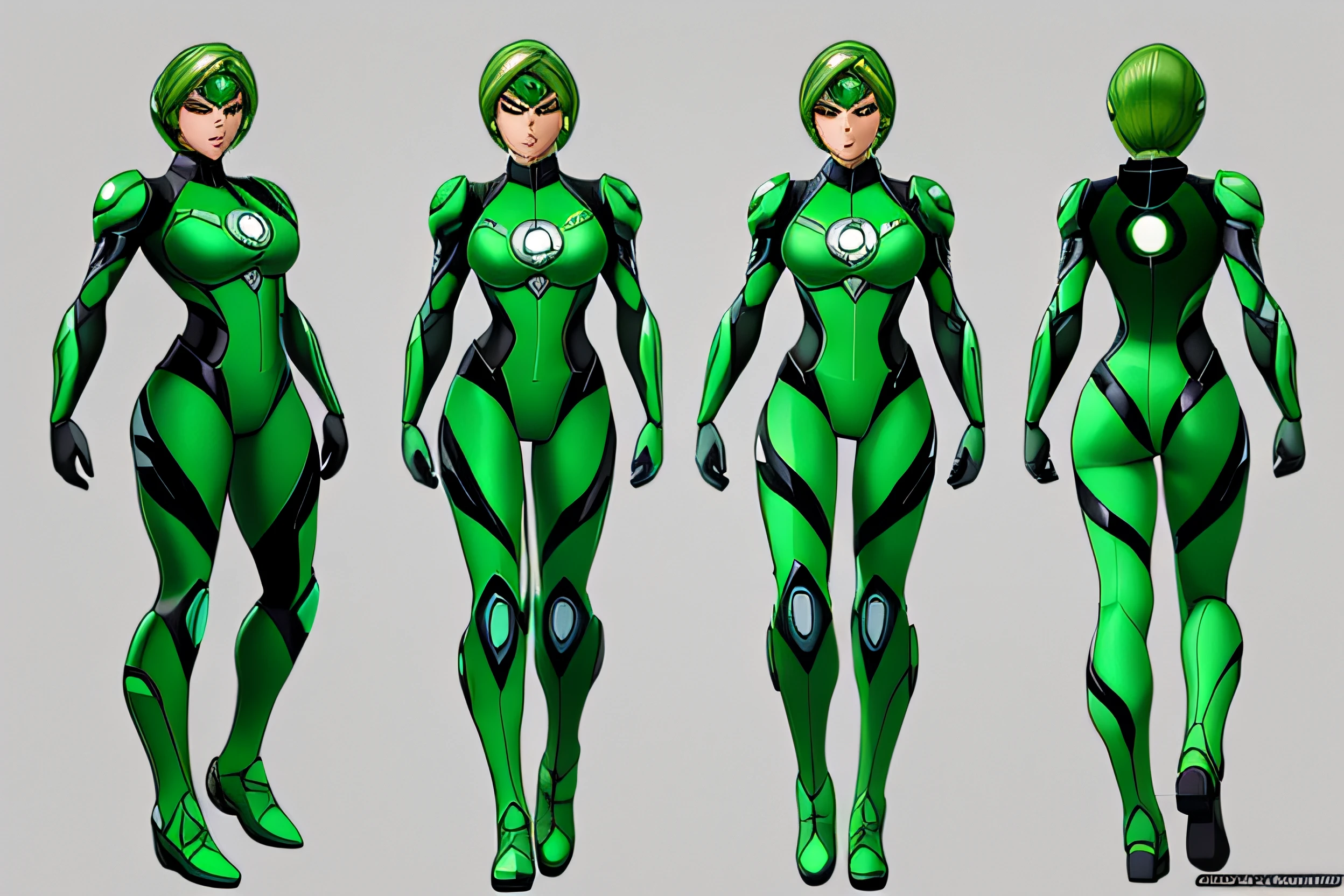 a rendering of a female green lantern in a green suit, Samus Aran bioorganic varia suit, full body concept, varia suit, full body detailed concept, full body detailed concept art, Different cybernetic suits, full body concept art, Chiho Aoshima color scheme, Cyber Suit, Full body character design, cyber suit, full body details