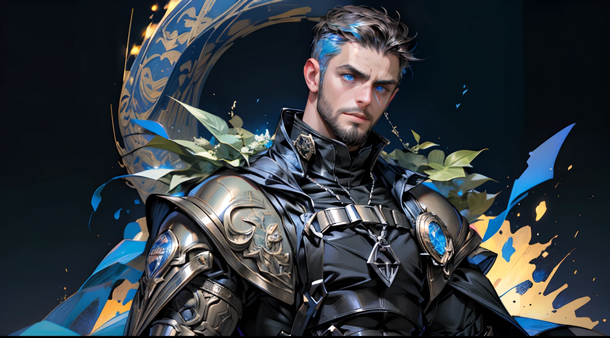 Highest quality, masterpiece, male, black super short hair, blue eyes, armor, cape, brightly colored, bright picture, paladin, muscular, short beard, mature, glowing particle special effects, church, national character face, tall, strong, rough face, falling feathers