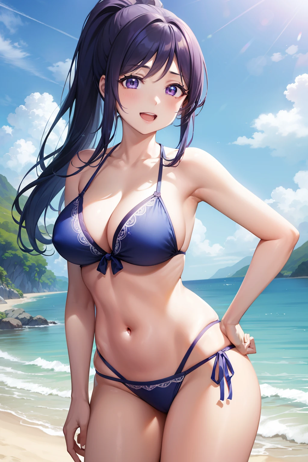 Minamimatsuura, Kanan Matsuura, Blue hair, Long hair, Ponytail, (Purple eyes:1.1), side locks, looking at the viewers, BREAK (masutepiece:1.2), Best Quality, High resolution, Unity 8k壁纸, (Illustration:0.8), (Beautiful detailed eyes:1.6), extra detailed face, Perfect Lighting, extremely details CG, (Perfect hands, Perfect ???????),(Blue Bikini:1.3)、(the beach:1.3), cowboy  shot、Smile with open mouth、独奏