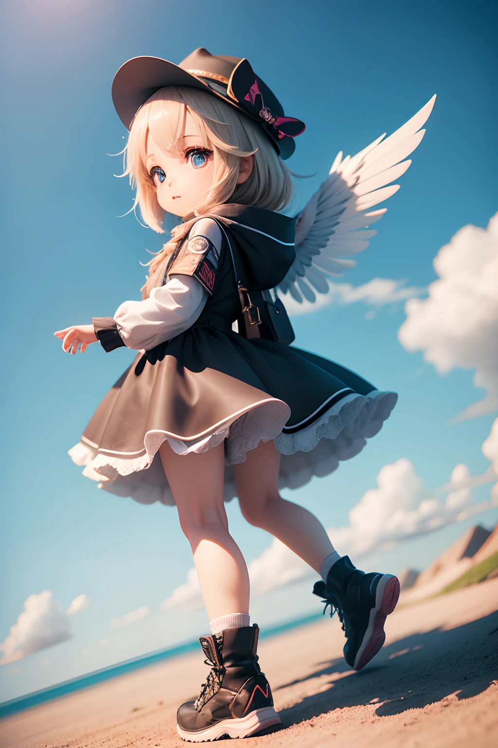 1 very cute girl,There are wings on the back,With a hat on,The sky flies,chibi girl,3d anime girl,3d effect,(Full body like),super detailing