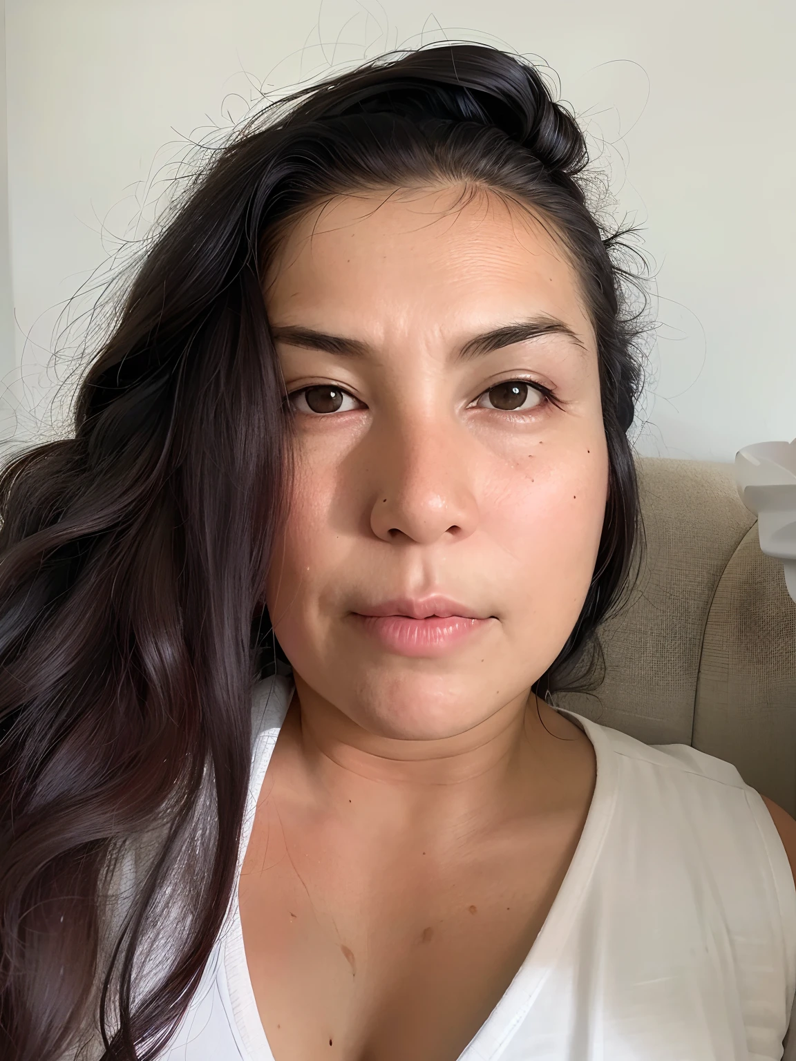 A close up of a woman with long hair and a white shirt - SeaArt AI