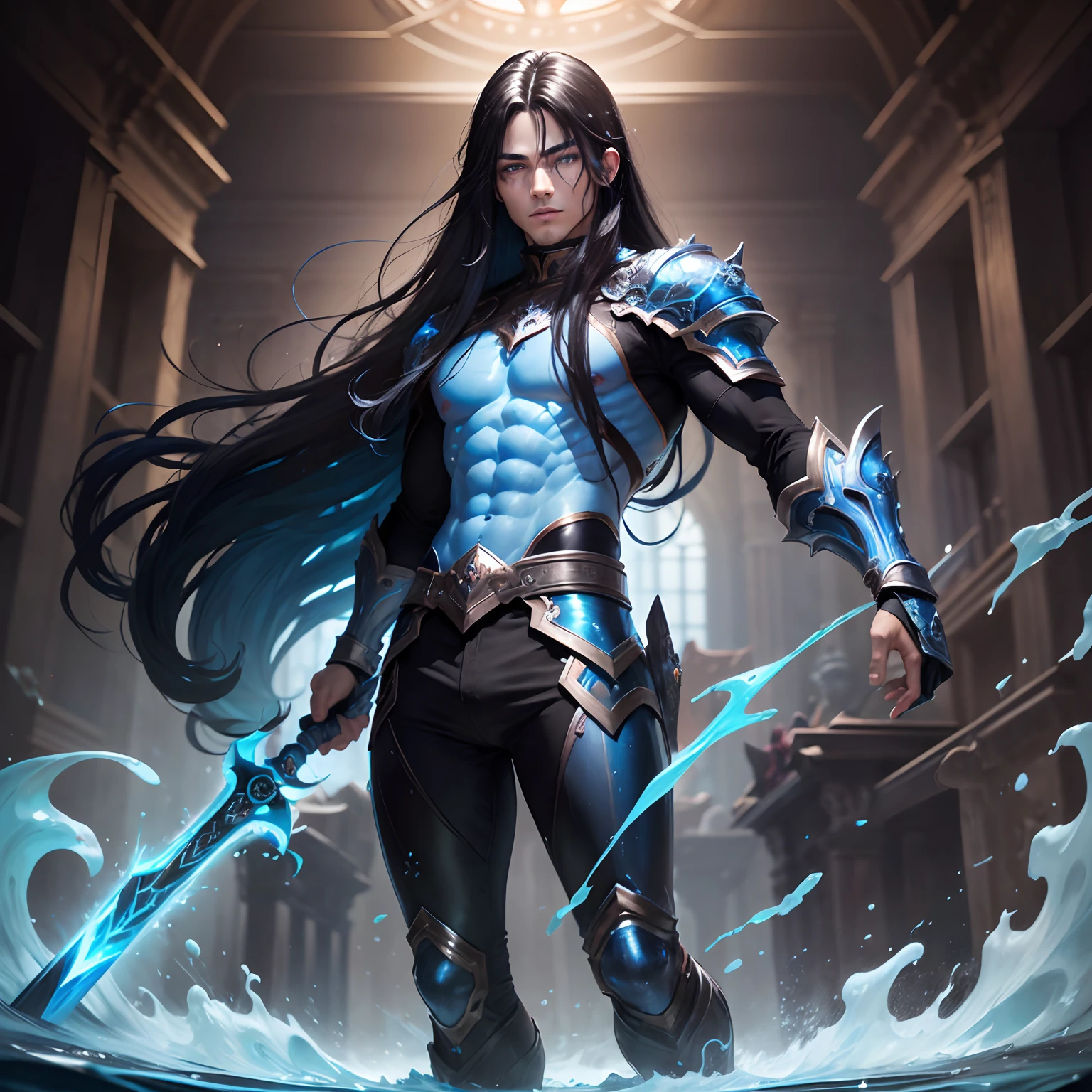 (1 man),(masterpiece), (work of art), (amazing work), (detailed eyes), (blue skin),(multicolored), (long black hair), (sparkling eyes), (1man),),best quality, full body, expressive eyes, perfect face,blue hair, gray skin, blue skin, handsome, slime, fighter, armor, weapon