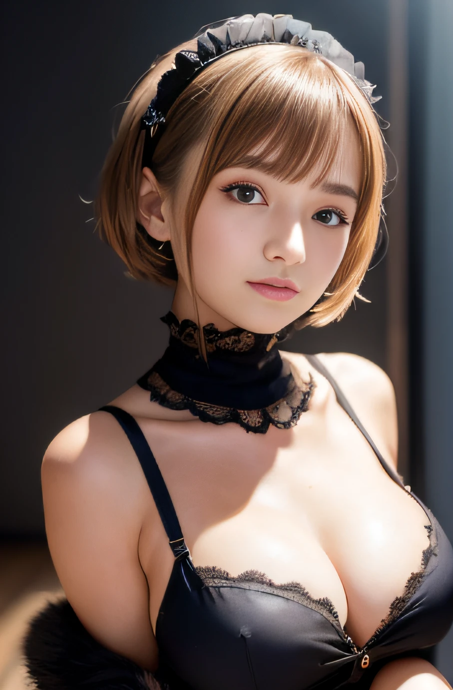 1girl,18 years old,(cleavage between breasts:1.2), beautiful eyes,smile, japanese idol, extremely pretty, cute, perfect face, fascinating smile, captivating smile, happy smile, large round eyes, Gentle facial expression, (holding a cute kitten:1.3), looking at the viewer, european girl, brond hair, blue eyes, masterpiece,realistic, white panties,round big eyes, shiny skin,small nostrils,light makeup, (french traditional black maid costume:1.2),maid headdress,short hair,socks, shallow depth of field,