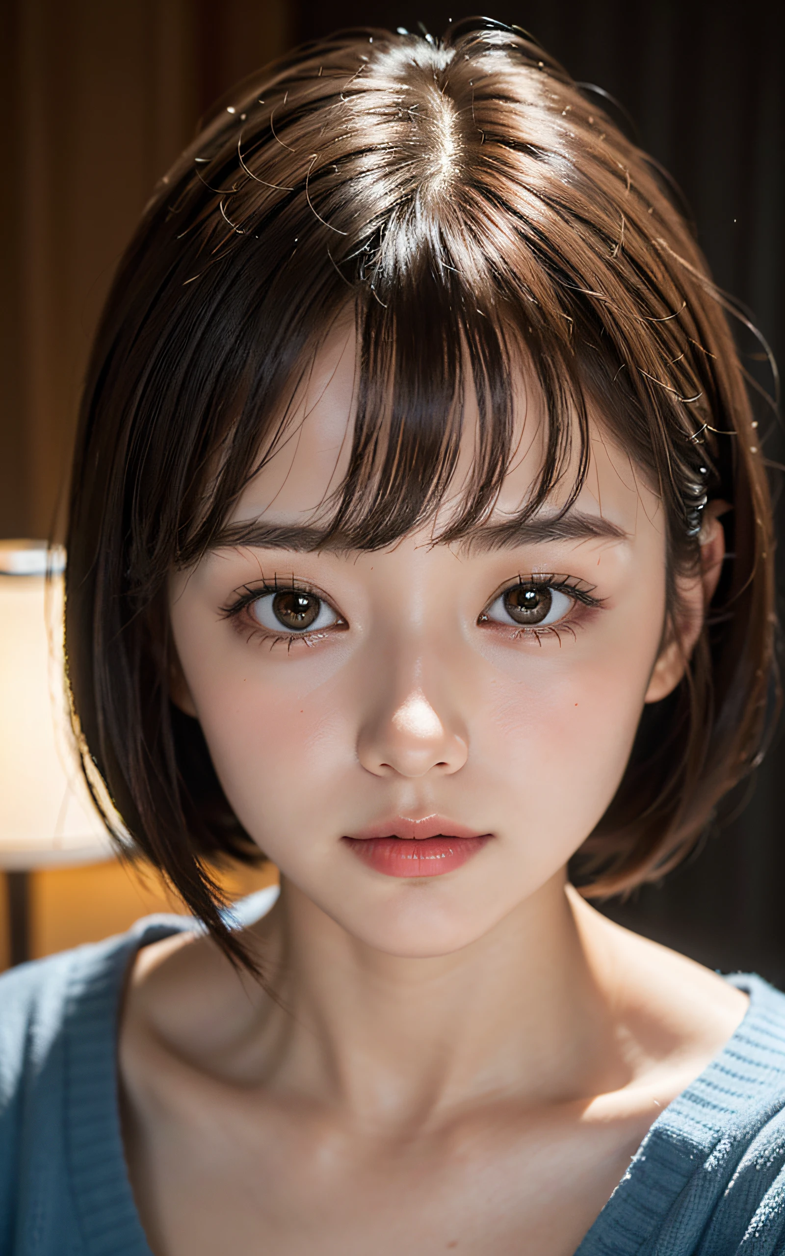 (Masterpiece:1.3), (8k, Photorealistic, RAW Photography, Best Quality: 1.4), soft light, professional lighting, 1girl,  16 years old, cute, neat and clean beauty, feel pain, Brown short hair, bangs,