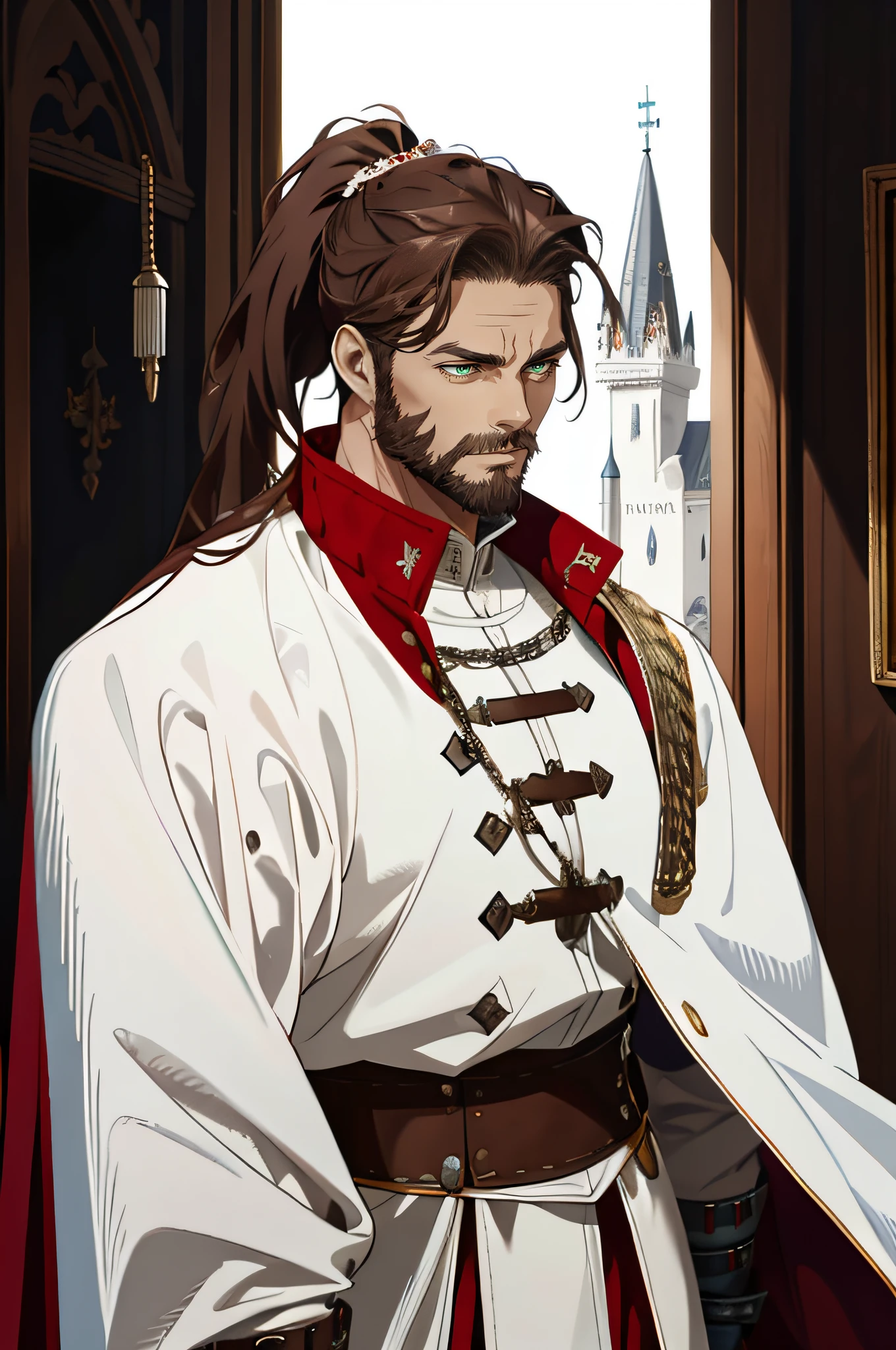 detailed 40-year-old man face, full beard, realistic anime green eyes, no emotions, strong, powerful