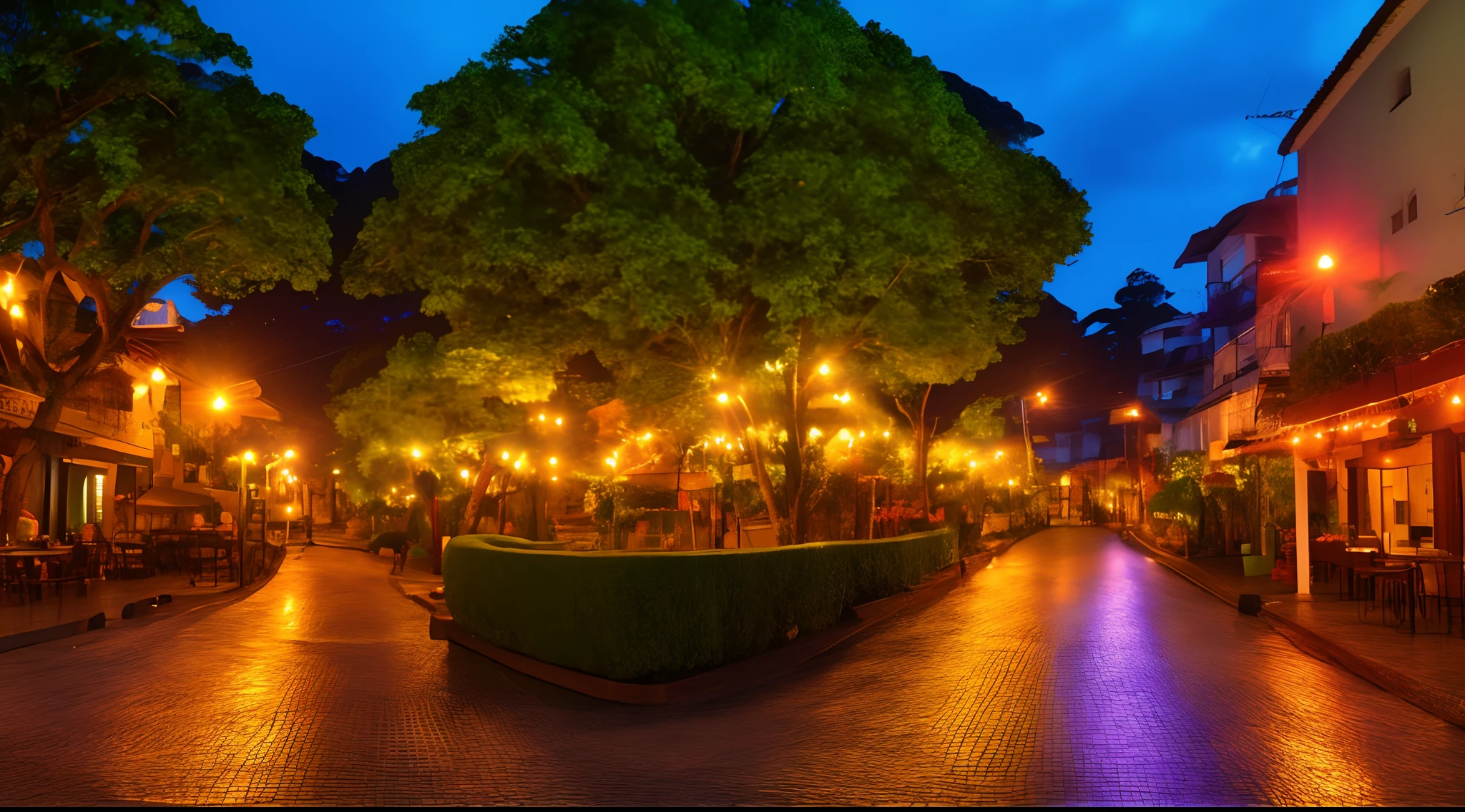fantasia, pequena cidade velha, padaria, caffee de rua, chuva, verde exuberante, gramado, flor, sonhador, Noite, Sunset, Volumetric lighting, foco nítido, ultra detalhado, 4k, cinemactic, Wide-Angle, 3 Foto de filme de 5 mm ainda, filme ainda, UHD, sharp lens, profundidade de campo, octan render, vivid colors, raios de luz, raios de deus