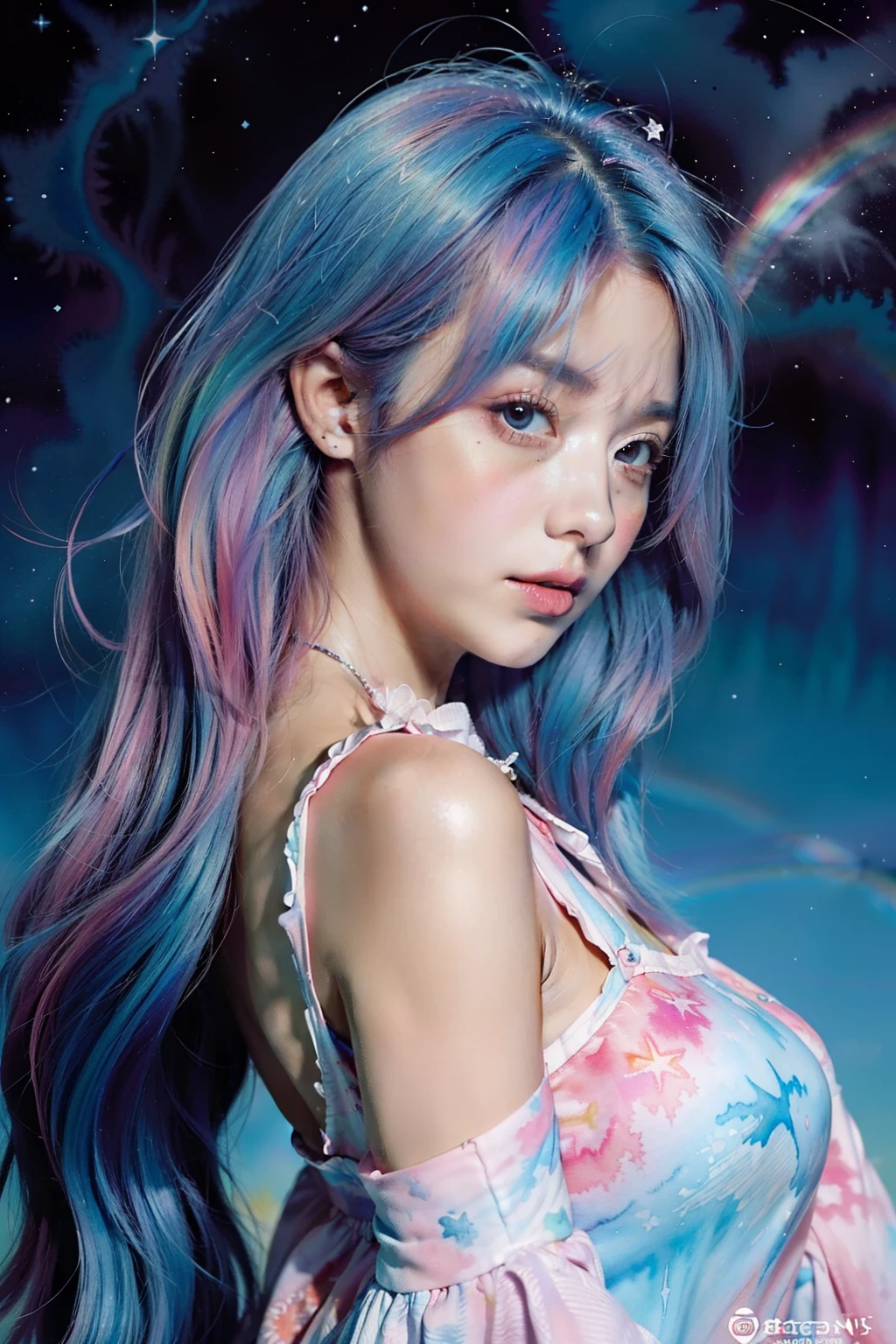 (masterpiece, top quality, best quality,watercolor (medium),official art, beautiful and aesthetic:1.2),(1girl:1.3), (fractal art:1.3),upper body, from side, looking at viewer,patterns,(rainbow color Hair,colorful hair,half blue and half pink hair:1.2),water,liquid, cloud,colorful, starry,stars,