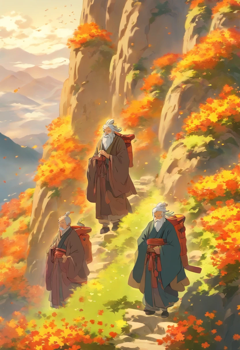 Two old men climbing the mountain,There are chrysanthemums in the mountains, Cartoon illustration, Masterpiece, Best quality, Super quality, absurd details, Best light and shadow, Best shadow,