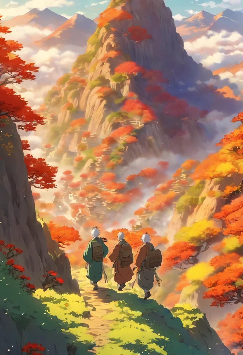 Two old men climbing the mountain，There are chrysanthemums in the mountains， Cartoon illustration, Masterpiece, Best quality, Super quality, absurd details, Best light and shadow, Best shadow,