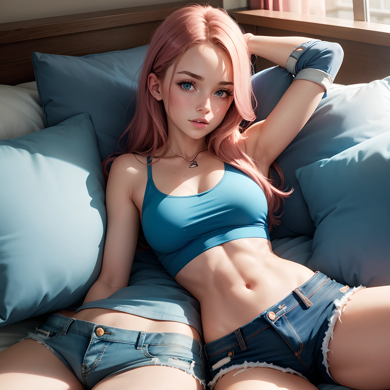 Olivia dunne, wearing blue top, ripped jean shorts, laying on bed, looking at camera,