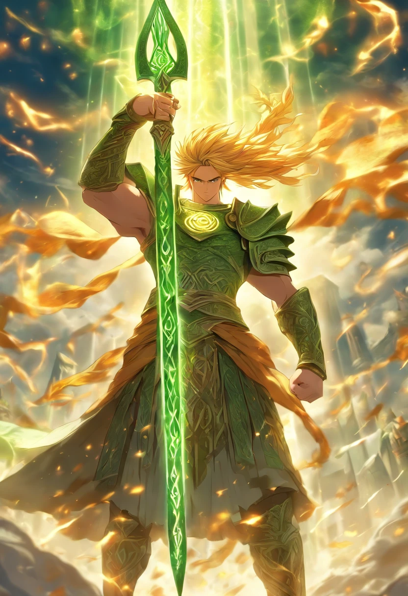 (((Lugh))) best quality, ultra-high resolution, 4K detailed CG, masterpiece,Celtic God,spear, ,Celtic clothing,Celtic mythology, ((Spear in hand)) , Celtic image, aesthetic, centered on the screen