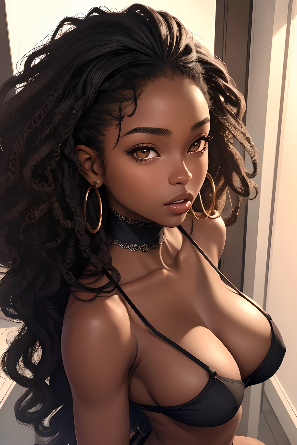 (masterpiece, best quality), deep ebony 1girl, beautiful face, Kimberly_jackson, freely hanging curls, brown lips
