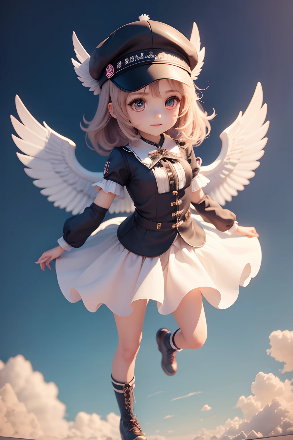 1 very cute girl,There are wings on the back,With a hat on,The sky flies,chibi girl,3d anime girl,3d effect,(Full body like),super detailing