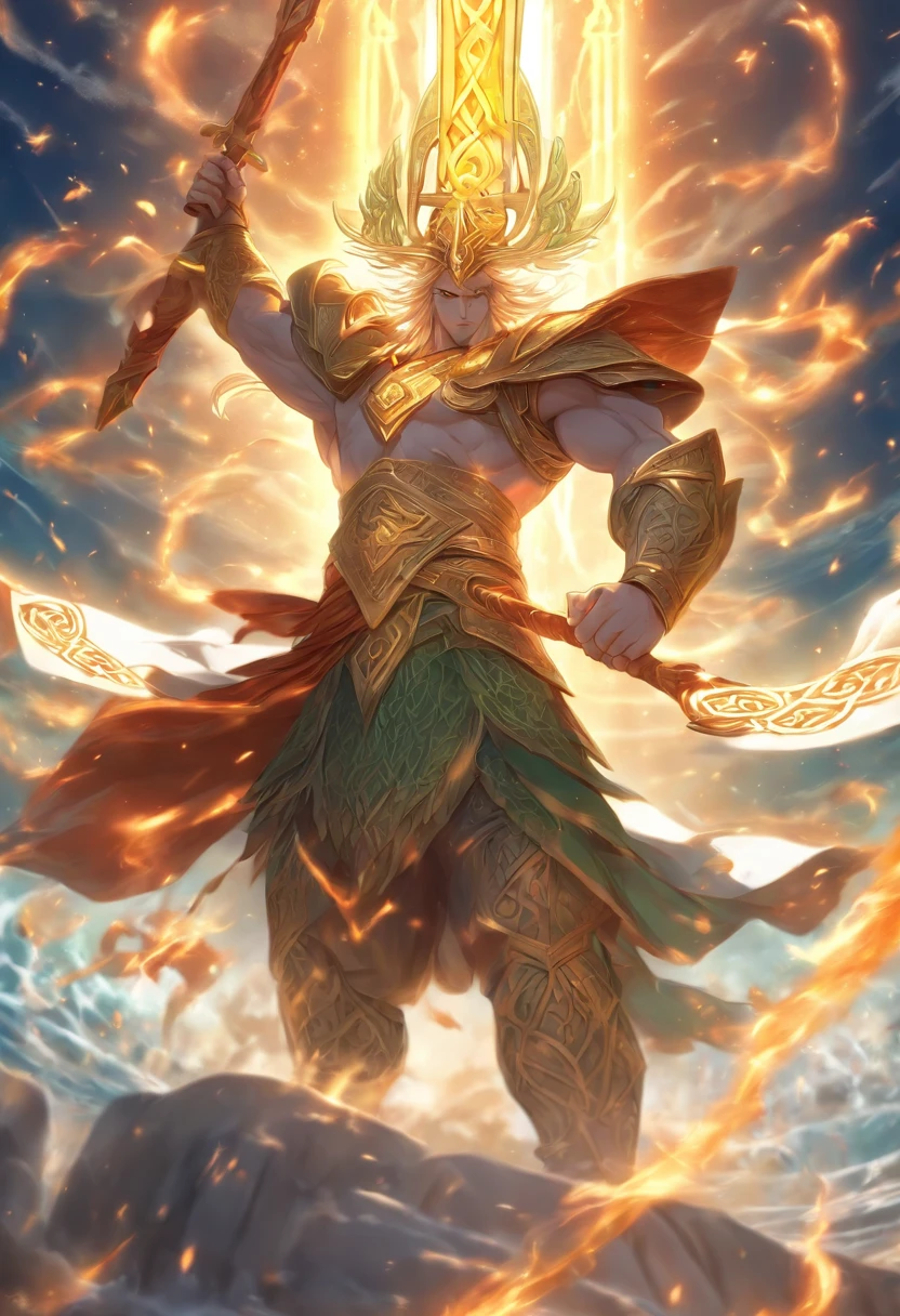 (((Lugh))) best quality, ultra-high resolution, 4K detailed CG, masterpiece,Celtic God,spear, ,Celtic clothing,Celtic mythology, ((God sun and light)) , Celtic image, aesthetic, centered on the screen