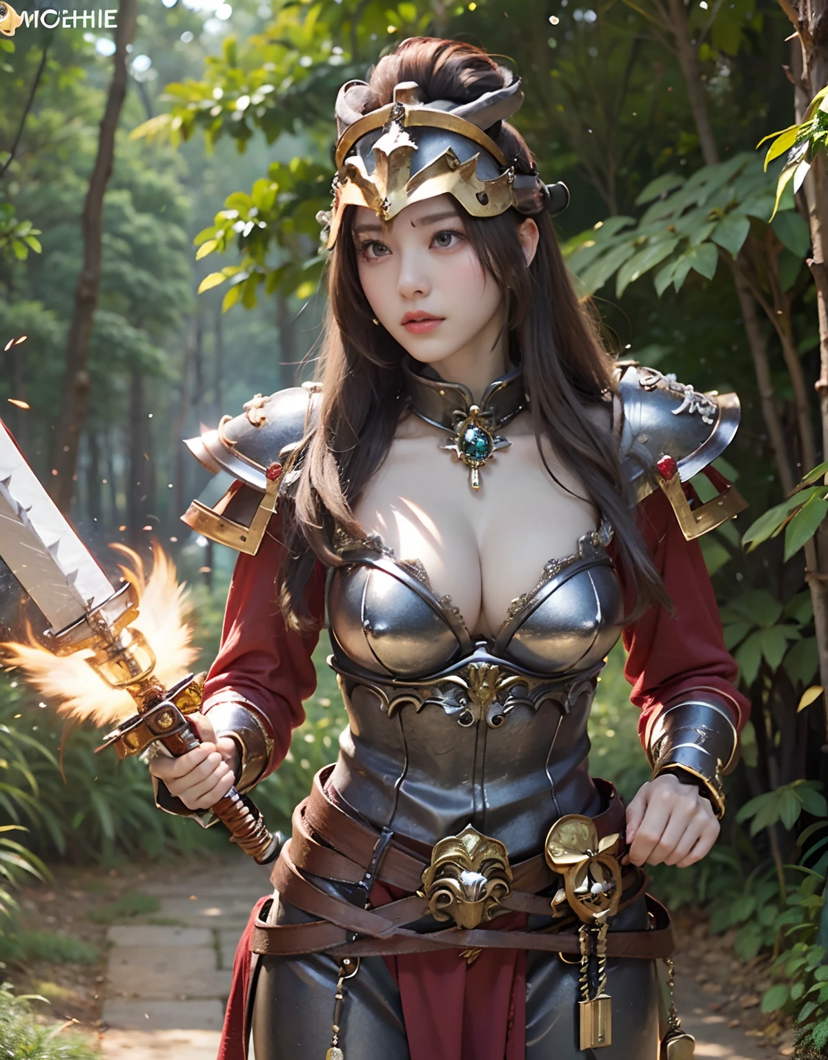 Professional , ​masterpiece、top-quality、photos realistic , depth of fields ,top-quality、​masterpiece、超A high resolution、(Photorealsitic:1.4)、Raw photo、女の子1a person、（Wind element），((Mystical expression))，dream magical，tornado，Lightning，cleavage of the breast、Castle background,（Gold Jewel Body:1.６),(Matte White、Jewel Gold Weapon_、（Silver Metal Body:1.４),Gorgeous Jewel Metal Weapons ,(( Detailed Sword of the Brave)) ,（Stand in front of the dragon）、（magic circles、Magic Chanting）、  Castle background  ,warhammer 40k ,,Wear a gorgeous jewel helmet with attention to detail、Brown hair、（(Gangle's forest background))、Beautiful Caucasian beauty、１a person、dynamic ungle,(((Legendary Armor Jewelry Helmet)))、Particles of light、cleavage of the breast、Battle Pose、Mystical expression、