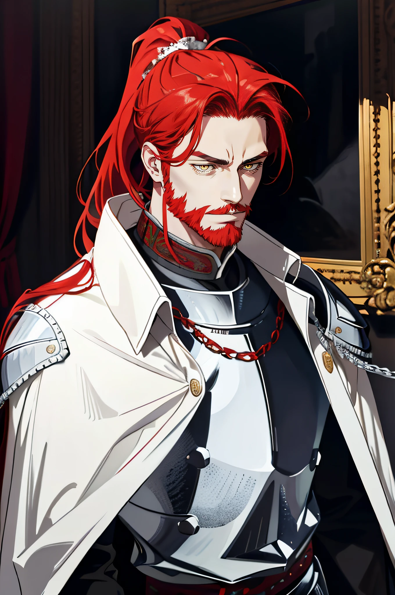 detailed 40-year-old man face, full beard, realistic anime yellow eyes, no emotions, strong, powerful