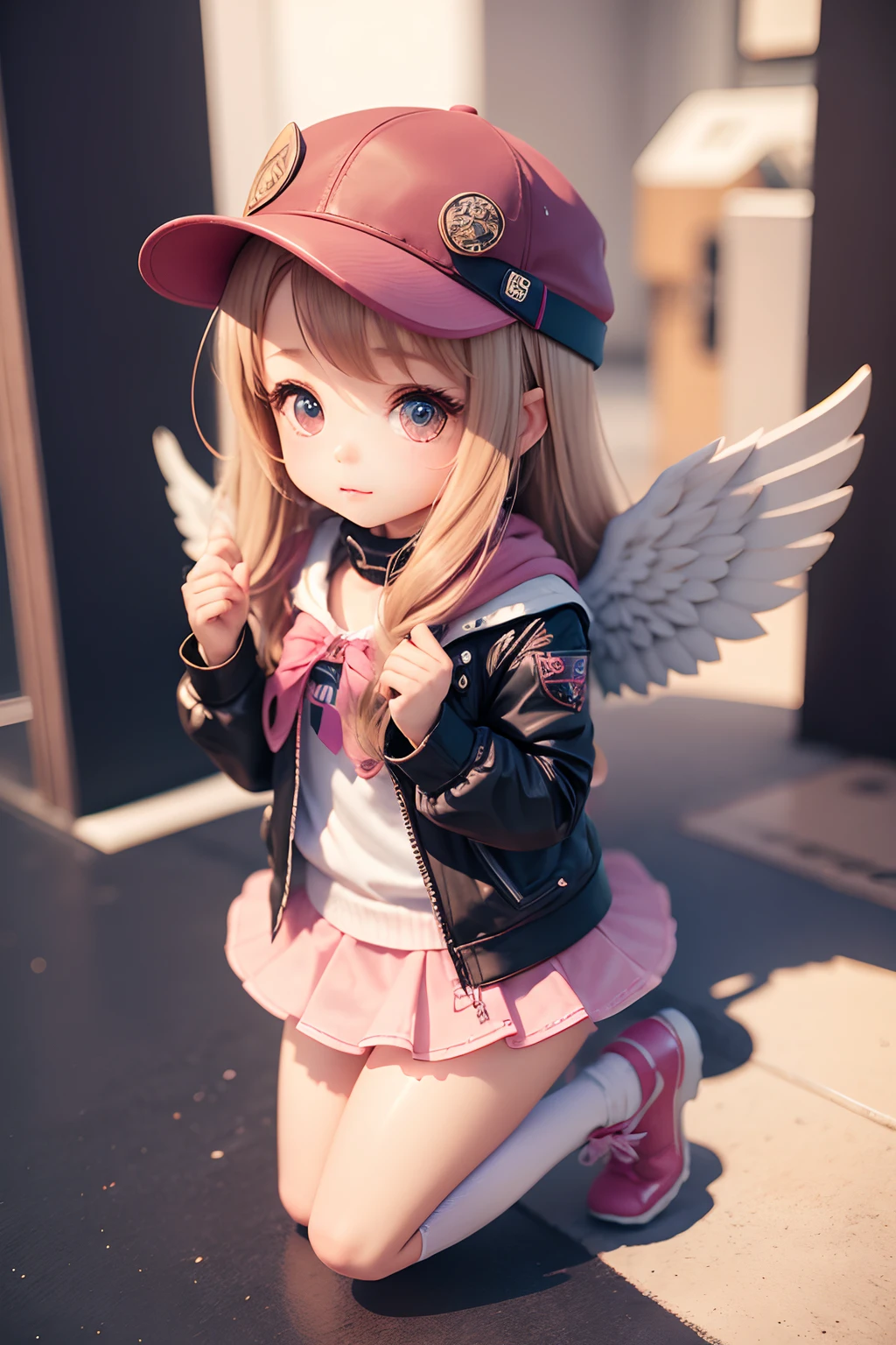 1 very cute girl,There are wings on the back,With a hat on,Fly in the sky,chibi girl,3d anime girl,3d effect,(Full body like),super detailing