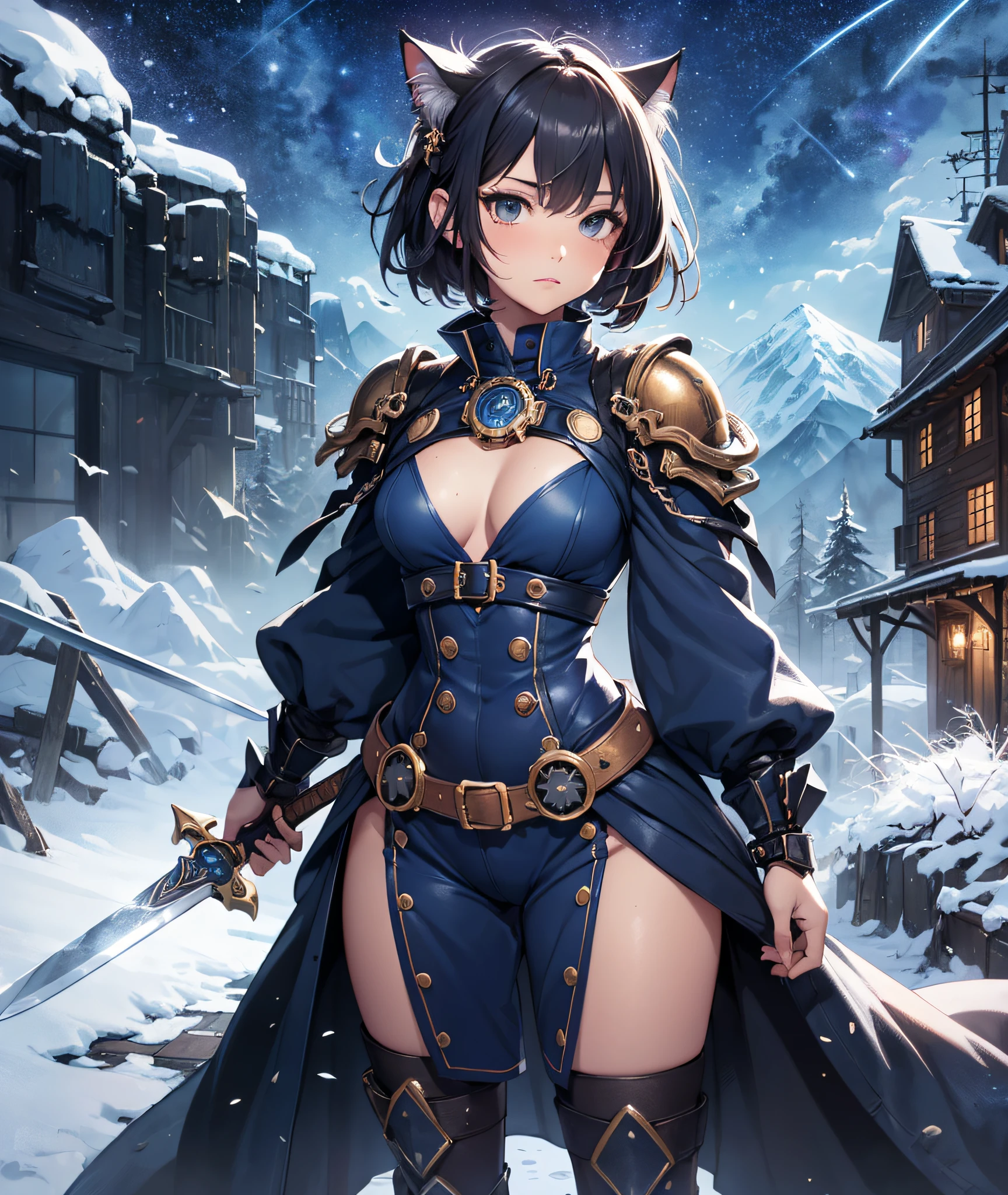 Beautiful detailed girl, Clear and beautiful, Character as the main point of view, radiant skin, girls, femele, young, 20yo, bobbed hair, Short Cut, short-hair, Beautiful detail glass hair, ((Wielding a big sword, Combat Posture)) ((Steampunk Iron Armor Costume, black, ashy)) Beautiful details, cold face, cold expression, beautiful-detailed eyes, Black eyes, Moderate chest, Black-eyed, Full-fledged skin texture, Very good 8KCG wallpapers, very fine 8K CG wallpaper, watercolor (medium), female warrior, Indigo hair, (((Full-body cut))), Cat's ears pink, Long knives, Big knife, Traditional sword, Wielding, Attacking Posture, Levitation, (((s whole body))), Show your whole body, (((dark, Dark Night, Deep Night))) ((Sky color: dark blue)) (((Natural Background, mountains, wood))), ((plein air))